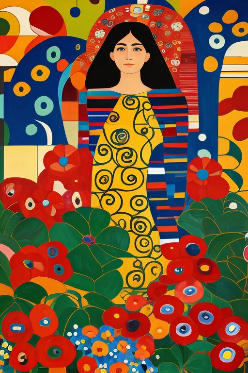 Paraguayan woman in ñanduti, canvas colorful cheerful details flowers geometric shapes, red, obra maestra estilo Gustav klimt