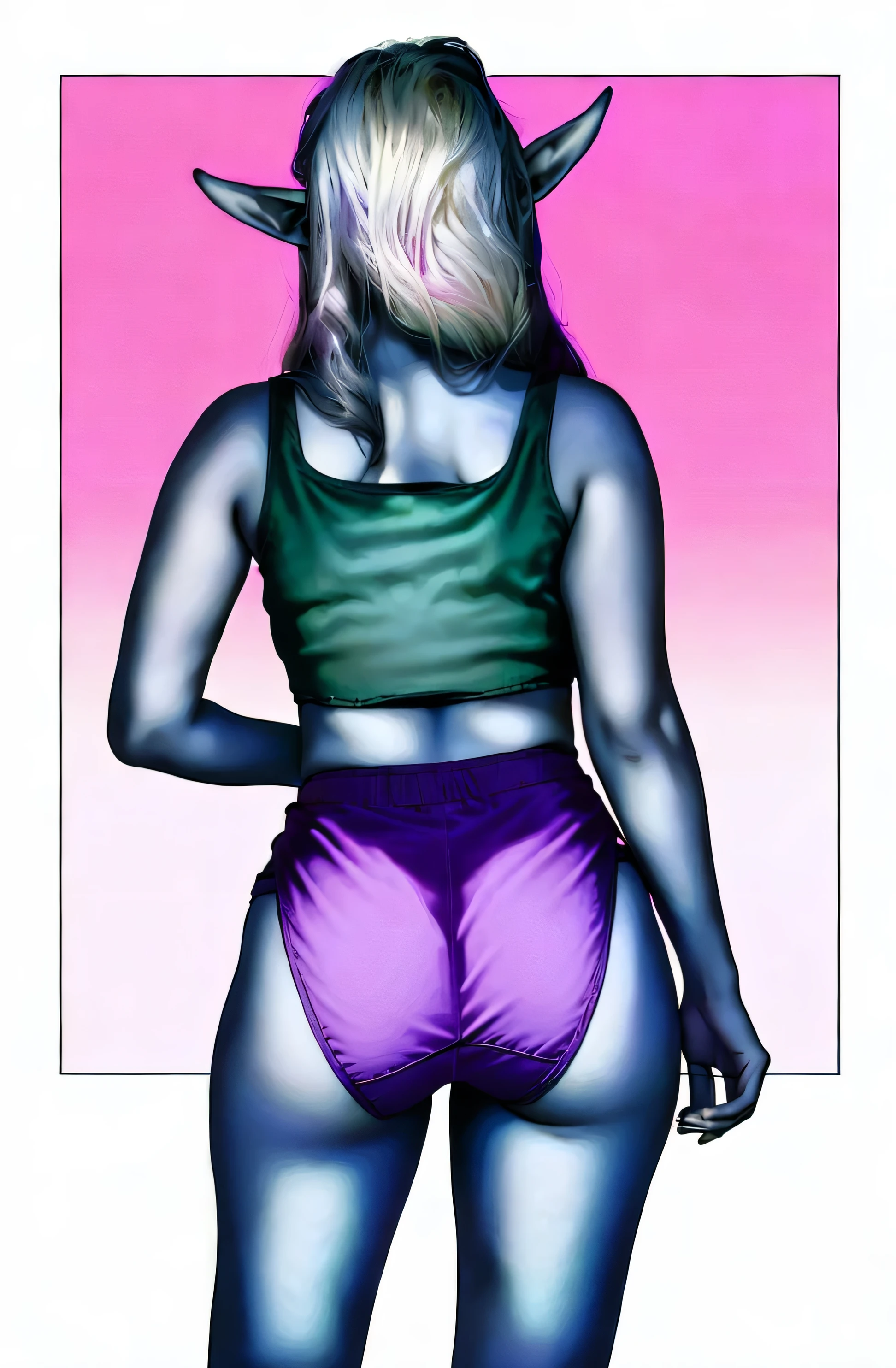 ((((masterpiece, best quality)))), ((34 year old)), (((Curvy))), ((Blue skinned Dark Elven woman with long white hair)), in ((green tanktop)), ((((purple cotton panties)))), (((standing in front of a gradient magenta background))), ((realistic art style))