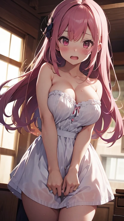 mastute piece,Best Quality,insanely detailed,8k cg,nsfw,
shoot upper body,(body in front:1.1),1girl,standing,looking at viewer,(strapless dress),BREAK,blush,shy,ecstasy face,gasping,(trembling:1.2),pink hair,break,open mouth,large breast,party,night,