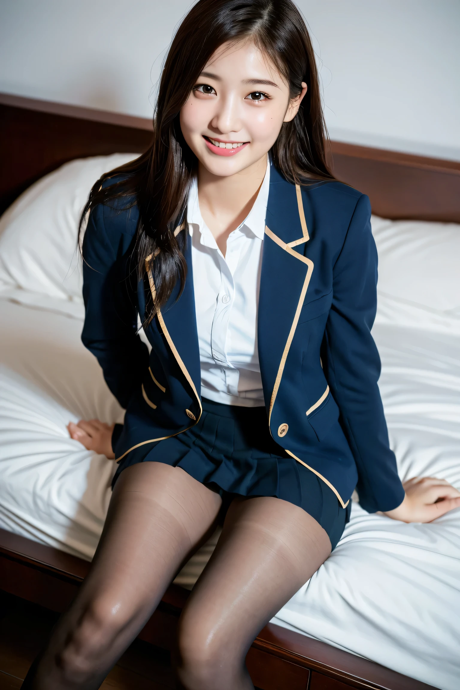 (8K), (highest quality: 1.2), (realistic), (realistic: 1.37), ultra high resolution, 1 girl, cute, smile, closed mouth, beautiful details, beautiful nose, wet hair, giant dulcefo, pork, thighs,Self snap,University Student Uniform,simple blazer,pleated skirt,Are standing,opaque tights,(8K), (highest quality: 1.2), (realistic), (realistic: 1.37), ultra high resolution, 1 girl, cute, smile, closed mouth, beautiful details, beautiful nose, wet hair, giant dulcefo, pork, thighs,Self snap,University Student Uniform,simple blazer,pleated skirt,opaque tights,bed,sit with your knees up , From above