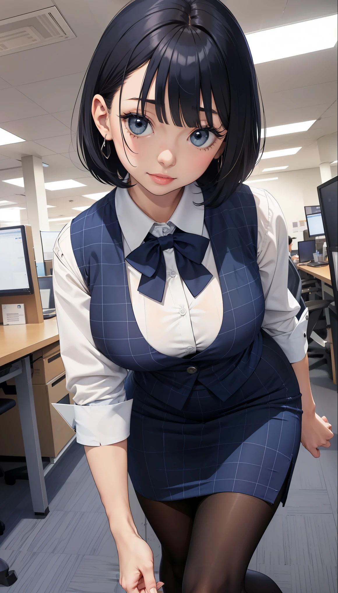 highest quality, debris flies、Beautiful woman、officeレディー、black hair、(black eyes、blunt bangs)、short hair、チェック柄のダークブルーのofficeスーツ)、new employee,full body shot、Female OL、break(checkered dark blue vest、white cutter shirt、Navy blue long tight pencil skirt:1.2)、(black tights、high heels)、break(office:1.3)、(((greeting)))、(larger breasts)