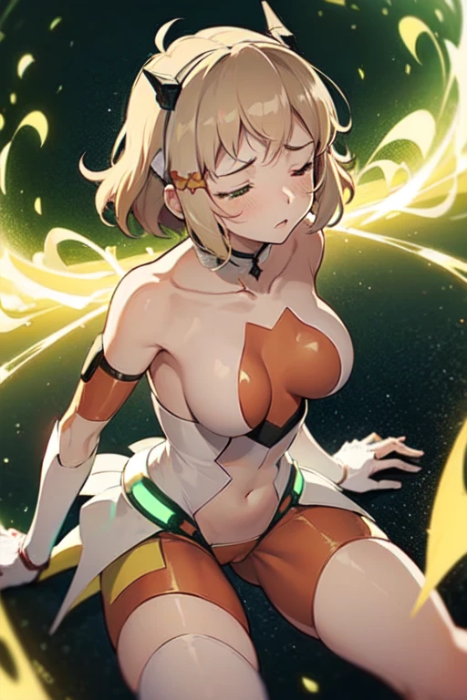 dynamic angle, closed eyes, arched back, ecstasy, flying in the greeen luminous depth of field background, kirika`s erotic growth transformation, kirika akatsuki, aakirika, akatsuki_kirika, short hair, green eyes, 1girl, solo, blonde hair, straight hair, blush, collarbone, dutch angle, large breasts, full breasts, model, ((((lightgreen glowing body, lightgreen glowing bodyskin, lightgreen glowing nude)))),