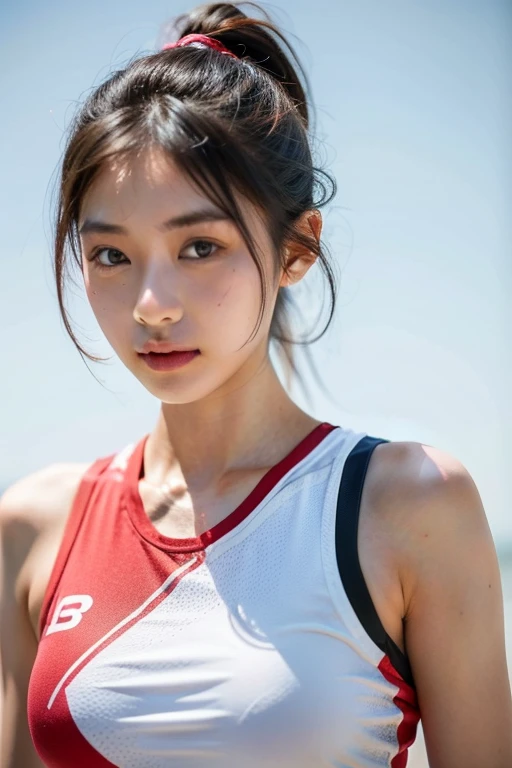 ((highest quality)), ((masterpiece)), (be familiar with), perfect face,20th generation,japanese woman,athlete,shortcut,brown hair