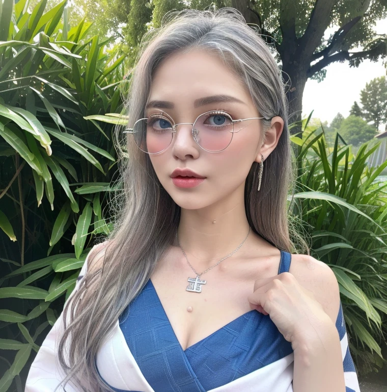 1 miniature Beautiful beautiful woman - Yuan Sayuki, ((top quality, 8K, Masterpiece:1.retty woman, 1 woman, huge breasts:1.3, a slim body:1.1, lush white long hair, (shower, wet body, wet clothes:1.1), very detailed face, detailed lips, detailed eyes, double eyelids, Detailed blue eyes, чрезвычайно Detailed Outstanding Blue Eyes, white wet hair, white wet hair, Detailed Outstanding Blue Eyes, innocent look at the viewer, very wet wavy white hair, Detailed Outstanding Blue Eyes, huge cross earrings, White kimono (Sport, martial art, jiu-jitso), bare chest, huge chest tattoo wearing a wreath, detailed huge earrings, chest tattoo, Outside - there are trees and a buddhist temple in the background, Buddhism temple behind, wear a silver cross (Detailed cross shape), reality mode, wet breasts, black necklace, human crowd behind, naked breasts, naked breasrs, naked nipples, hair of white snowy colour, accurately detailed RED TAINTED GLASSES