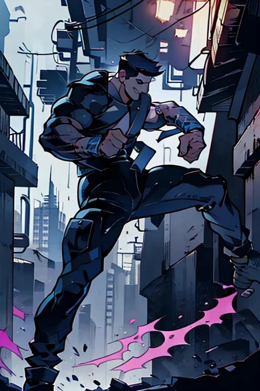  comic style: “In the gloomy streets of Neo-Gotham, el justiciero enmascarado, Nocturno, hunt down the infamous tech thief, Ciber-Sombra. La lluvia cae implacablemente mientras saltan de tejado en tejado. Nocturno clenches his fists and mutters: &#39;This time, you will not escape&#39;. But Cyber-Shadow smiles and reveals a device that could change the fate of the city forever...&quot;