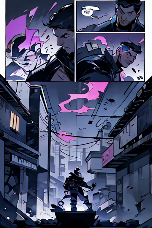  comic style: “In the gloomy streets of Neo-Gotham, el justiciero enmascarado, Nocturno, hunt down the infamous tech thief, Ciber-Sombra. La lluvia cae implacablemente mientras saltan de tejado en tejado. Nocturno clenches his fists and mutters: &#39;This time, you will not escape&#39;. But Cyber-Shadow smiles and reveals a device that could change the fate of the city forever...&quot;