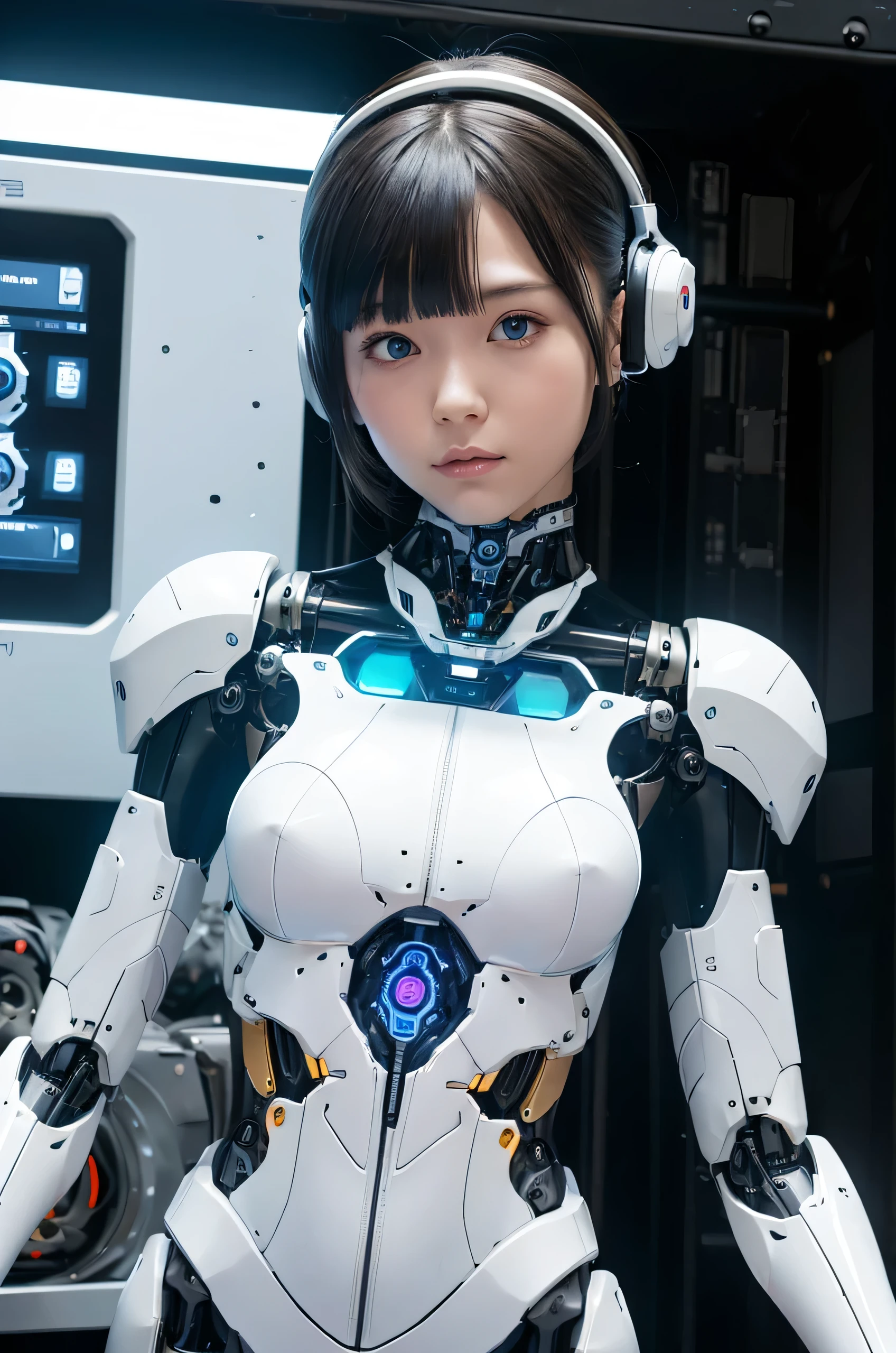 masterpiece, Best Quality, Extremely detailed, 8K Portrait,Japanese android girl,Plump ,control panels,android,Droid,Mechanical Hand, ,Robot arms and legs, Black hair,Mechanical body,Blunt bangs,White Robotics Parts,perfect robot woman,Charging spot,She is charging now,ceramic body ,Mechanical body, mechanical ear covers,android,robot humanoid,pantiy,Perfect machine body,White robot body,The laboratory of the future,android factory,mechanical ear covers,White and light blue uniform,light blue accent costume,darkblack tights,green eyes