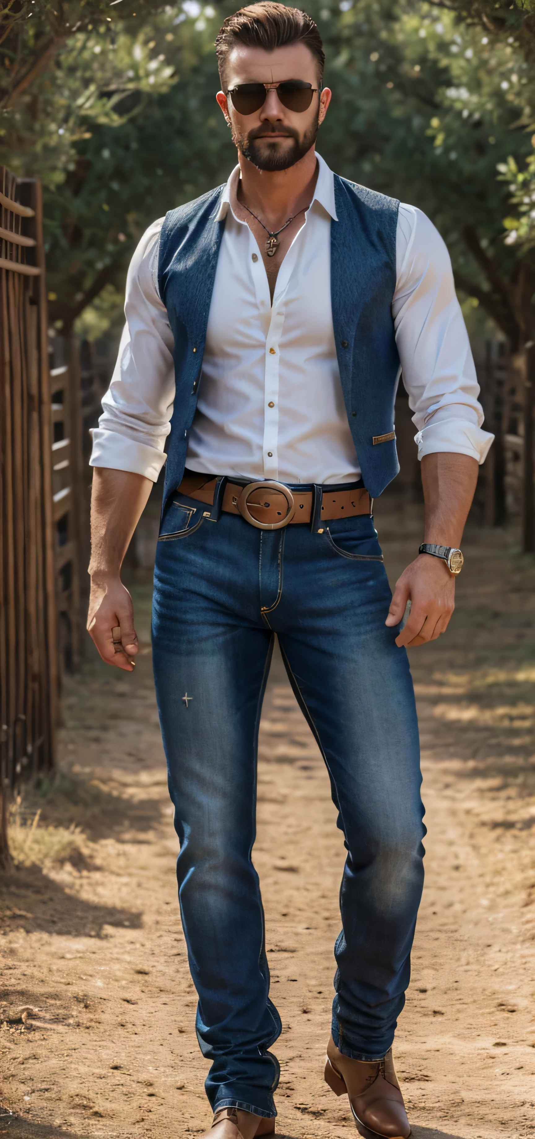 Handsome white Anglo-Saxon man, musculoso con botas jeans vaquero desgarrados, large belt with studs, camisa negra vaquera, montado a caballo, con gafas obra maestra, ultra realista, gran detalle, 8k