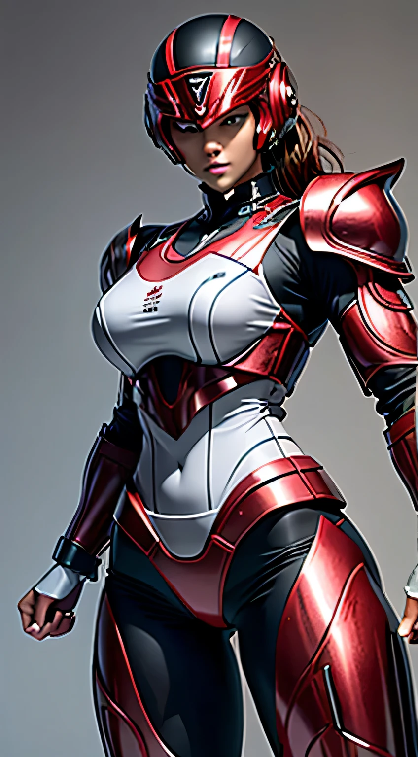 female robocop solo、bright outdoors、strong light source、8K, high quality, masterpiece, 最high quality、very detailed、Armor that completely covers the whole body、very large armor、Helmet covering the head、clear pictures、Eyes hidden by thin straight goggles:1.3、The lower half of the face is raw:1.5、The lower half of the face is exposed、luscious lips、Clear red and white metallic armor、Armor that completely covers the chest、thin and long legs、Vibrant posel body view,big and full breasts:1.5, (sports body:1.5)、five fingers、photos around town