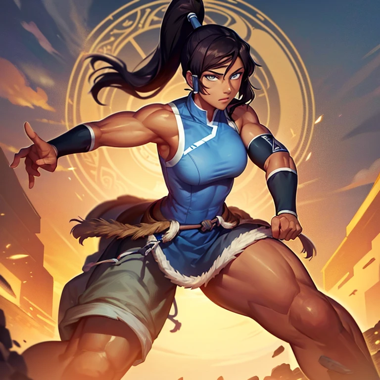 korra, dark skin, dark-skinned female, ponytail, muscular female, high quality, detailed, high resolution, temple background. 