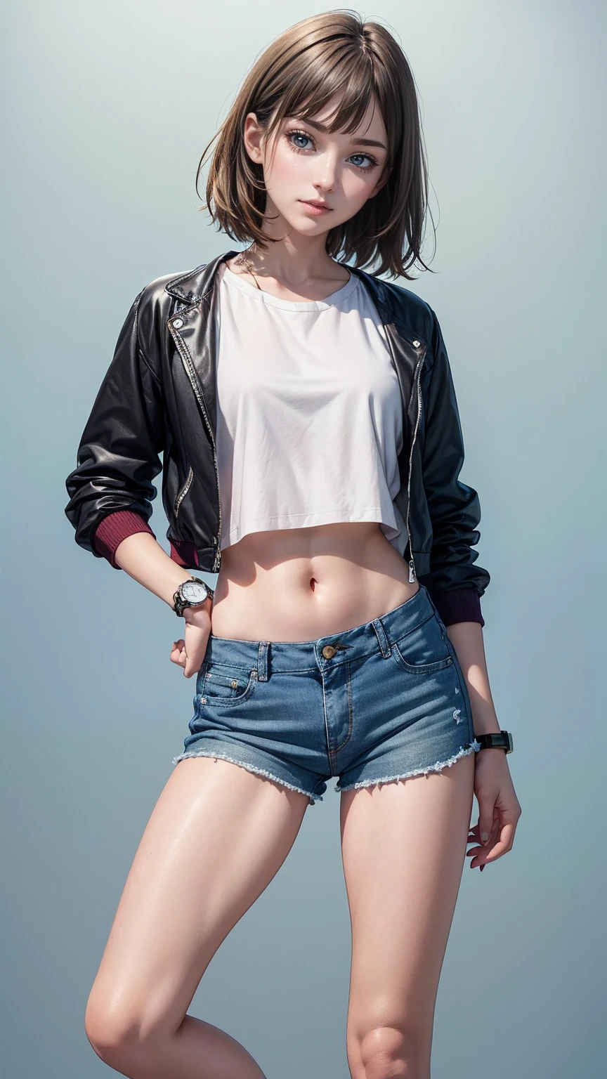 ((最high quality, 8K, masterpiece: 1.3, Ultra HD, high quality, 最high quality, High resolution, realism)) 、25 year old white woman、platinum blonde、blue eyes、long hair、hair above one eye、smile、slender、A soft and plump feminine body、I don't want my head to disappear from the screen.、Accessorize your wrist、Wearing red nail polish、I have a peticure、(high color saturation:1.0), (highly detailed skin), (最high quality:1.0), (超High resolution:1.0) ,(realistic:1.0), (Super detailed:1.0), (8K, Raw photo:1.1), Wear a T-shirt、Midriff Jacket((midriff jacket))((outta))wear、Midriff Jacket((midriff jacket))((outta))roll up the sleeves of、wear skinny jeans、wear sneakers、put both hands on hips、wear a watch、spread your legs shoulder-width apart、smile、Pastel blue background、wear a baseball cap backwards