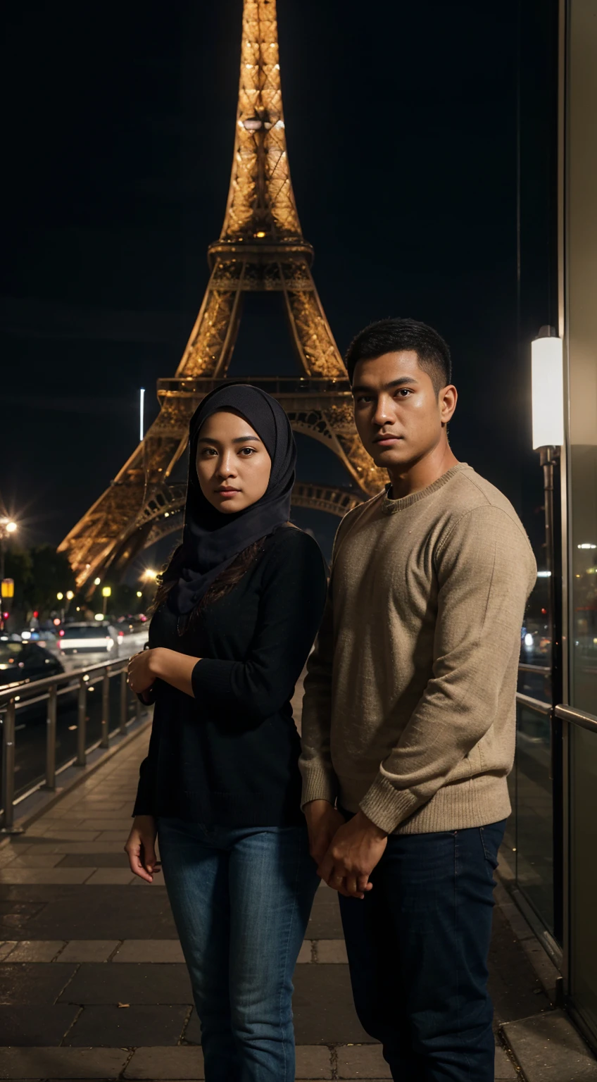Masterpiece, upper, very detailed, real photos, couple indonesian woman wearing hijab and indonesian man wearing a sweater and jeans, standing facing the camera under the Eiffel Tower at night , 32K ultraHD resolution, HDR, 800mm lens, realistic , hyperrealistic, photography, professional photography, deep photography, ultra HD, very high quality, best quality, mid quality, HDR photo, focus photo, deep focus, very detailed, original photo, original photo, ultra sharp, nature photo, masterpiece, award winning, shot with hasselblad x2d
