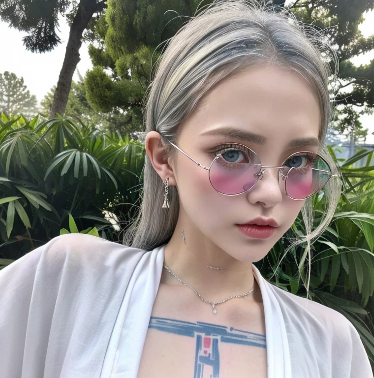 1 miniature Beautiful beautiful woman - Yuan Sayuki, ((top quality, 8K, Masterpiece:1.retty woman, 1 woman, huge breasts:1.3, a slim body:1.1, lush white long hair, (shower, wet body, wet clothes:1.1), very detailed face, detailed lips, detailed eyes, double eyelids, Detailed blue eyes, чрезвычайно Detailed Outstanding Blue Eyes, white wet hair, white wet hair, Detailed Outstanding Blue Eyes, innocent look at the viewer, very wet wavy white hair, Detailed Outstanding Blue Eyes, huge cross earrings, White kimono (Sport, martial art, jiu-jitso), bare chest, huge chest tattoo wearing a wreath, detailed huge earrings, chest tattoo, Outside - there are trees and a buddhist temple in the background, Buddhism temple behind, wear a silver cross (Detailed cross shape), reality mode, wet breasts, black necklace, human crowd behind, naked breasts, naked breasrs, naked nipples, hair of white snowy colour, accurately detailed RED TAINTED GLASSES