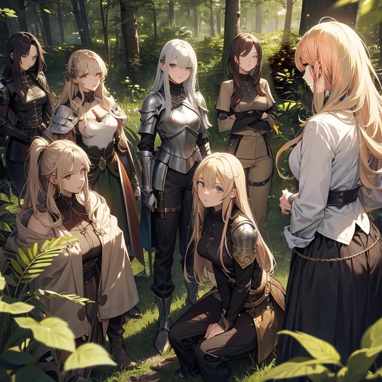 A group of female knights, (in forest), various hair styles, metal armor, harem, trousers, seducing, beautiful face, close