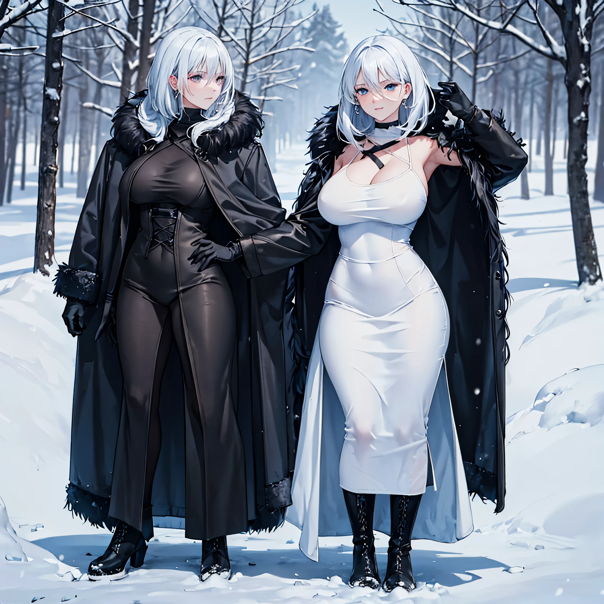 A woman wearing black fur coat, tight white dress, short white hair, gothic boots, faint blue eyes, outside a big house in winter, place full of snow, trees covered in snow, big breasts, very detailed, masterpiece, high quality, ultra resolution, 4k hd
