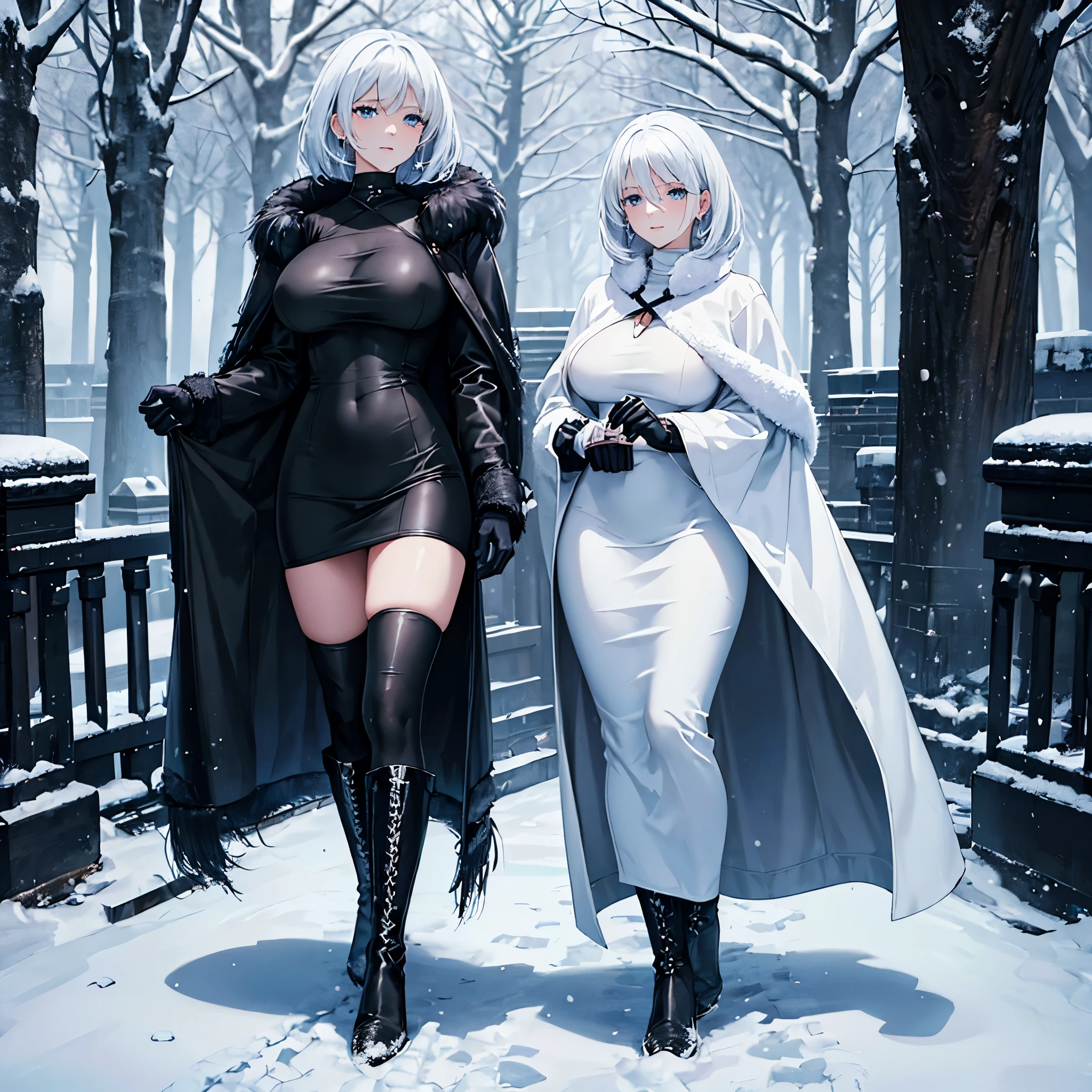 A woman wearing black fur coat, tight white dress, short white hair, gothic boots, faint blue eyes, outside a big house in winter, place full of snow, trees covered in snow, big breasts, very detailed, masterpiece, high quality, ultra resolution, 4k hd
