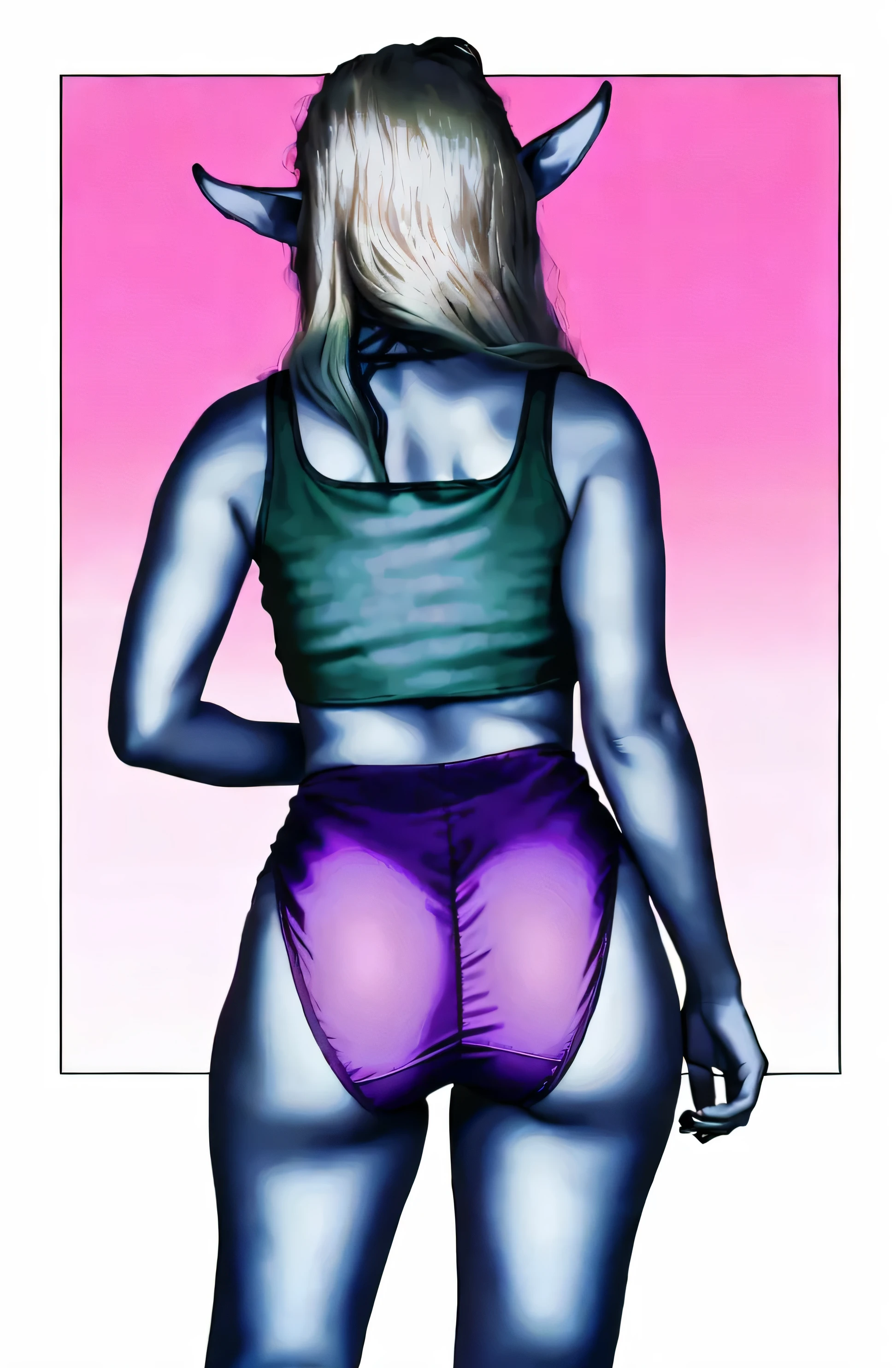 ((((masterpiece, best quality)))), ((34 year old)), (((Curvy))), ((Blue skinned Dark Elven woman with long white hair)), in ((green tanktop)), ((((purple cotton panties)))), (((standing in front of a gradient magenta background))), ((realistic art style))