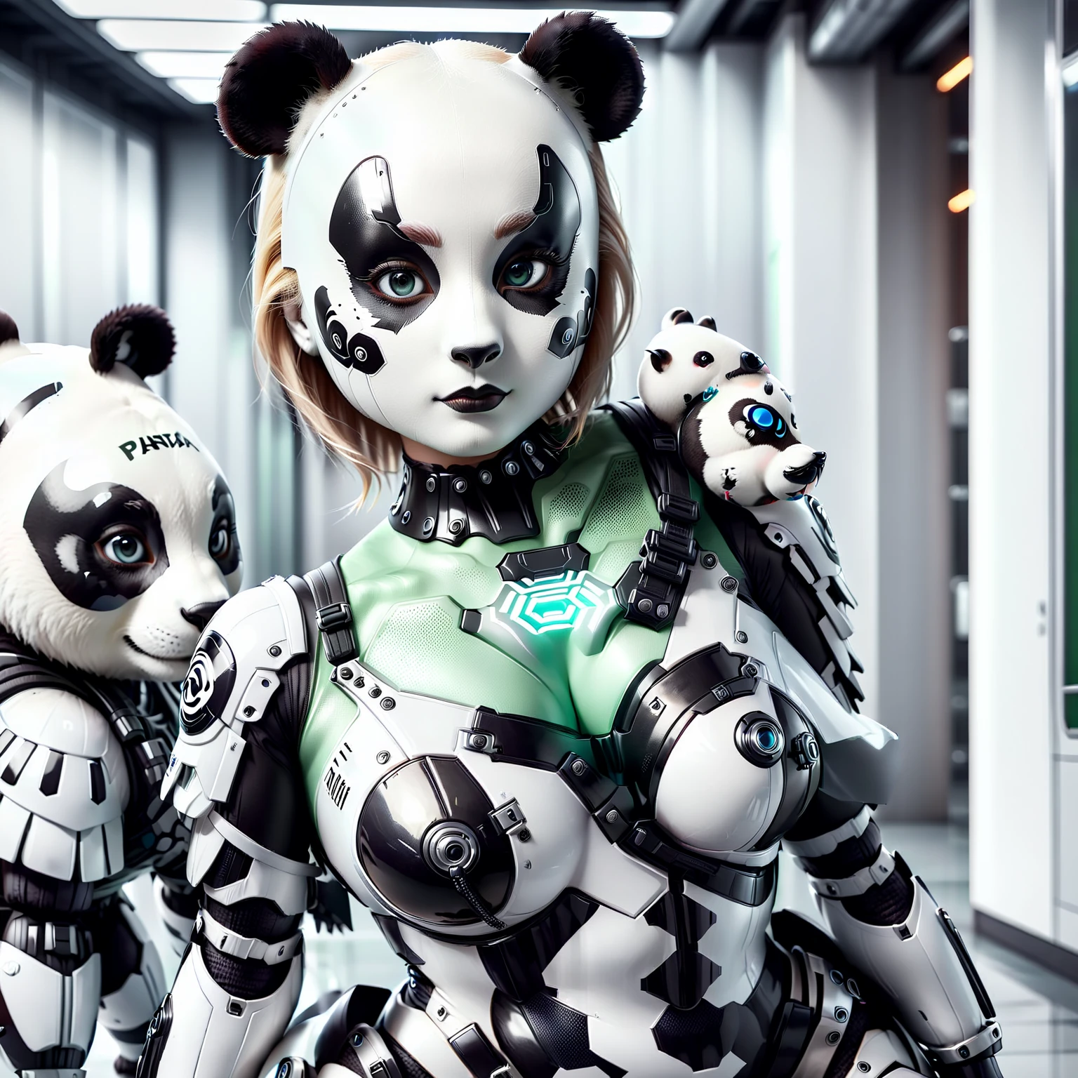 a close up of a woman in a panda suit with a fake panda bear on her chest, Render with SFM, thick, panda panda panda, panda, software version, highly rendered!!, extra detailed body, full body shot, octane rendering, heavy, Smooth 3D CG rendering, High quality topical rendering, highly detailed full body