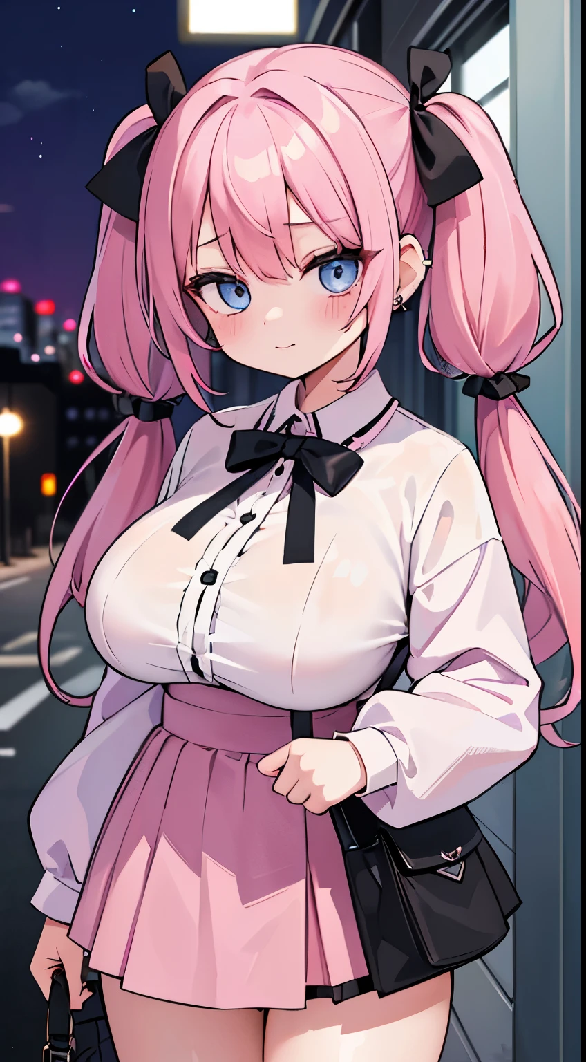 (masterpiece、top-quality、ultra-detailliert)、((1 girl))、((Pink hair twin tails))、light blue eyes、evilsmile、piercings、((very Bigger breasts))、jirai fashion、pink clothing、frilld、a black ribbon、Black miniskirt、cowboy shot、Downtown background at night