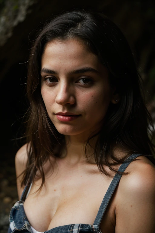 fotografia de uma mulher, (disturbed facial expression), pele texturizada, arrepio, cabelo loiro afro, plaid flannel shirt with boyfriend jeans, tiro de vaqueiro, dark and mysterious cave with unique rock formations and hidden wonders, olhos perfeitos, (luz de velas,Claro-escuro), Suporte de 160 cores, filmado em ARRI ALEXA 65, Bokeh, sharp focus on the subject, filmado por Don McCullin