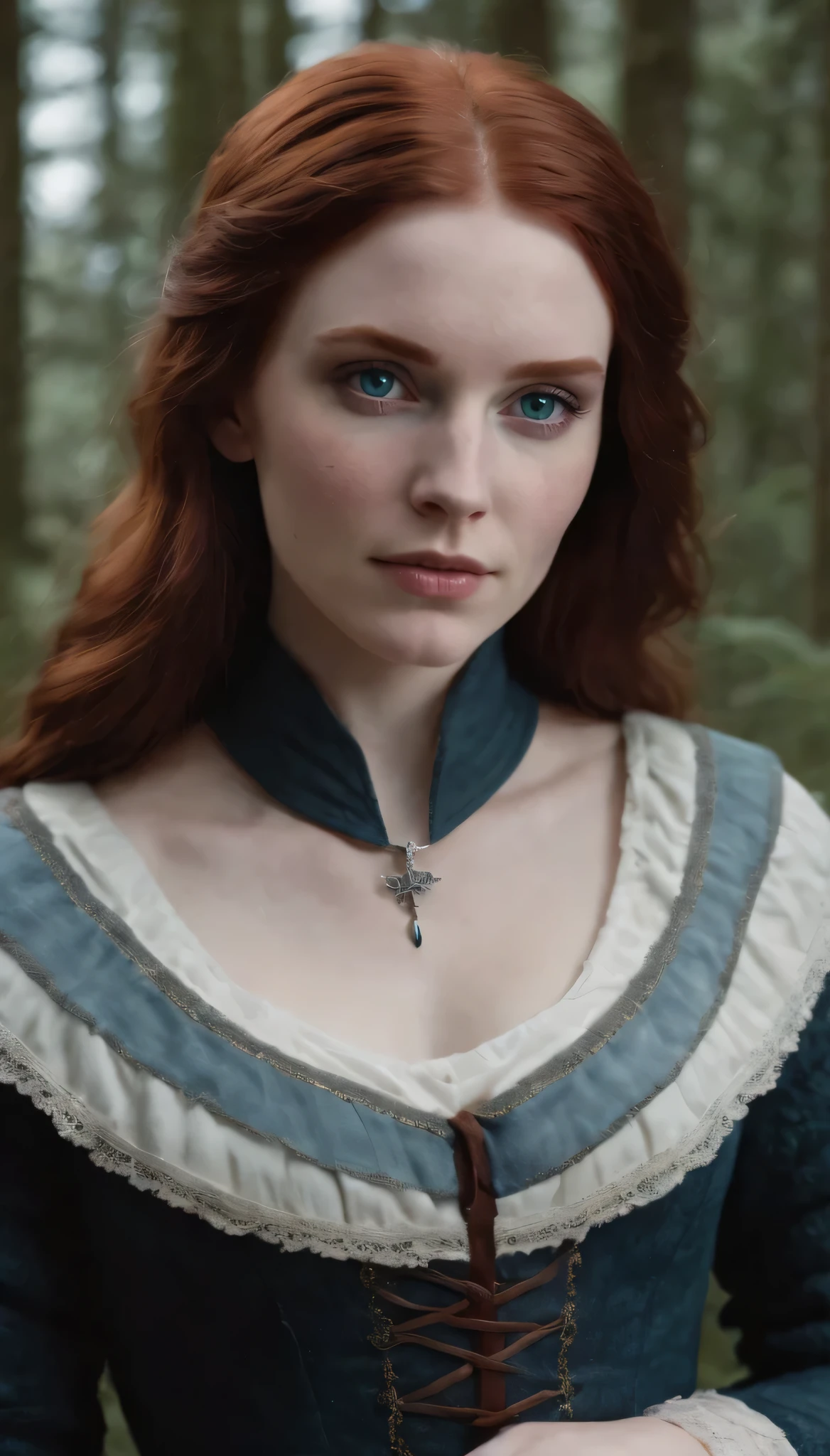 um close up de uma mulher em um vestido em uma floresta, Eleanor Tomlinson, inspirado em Sophie Pemberton, anya taylor - alegria rainha dos vampiros, an ethereal image, como um personagem de fantasia medieval, retrato de uma jovem bruxa, pia sadie, porcelain pale skin, ainda de um filme de fantasia, Sansa Stark, do bruxo (2021)