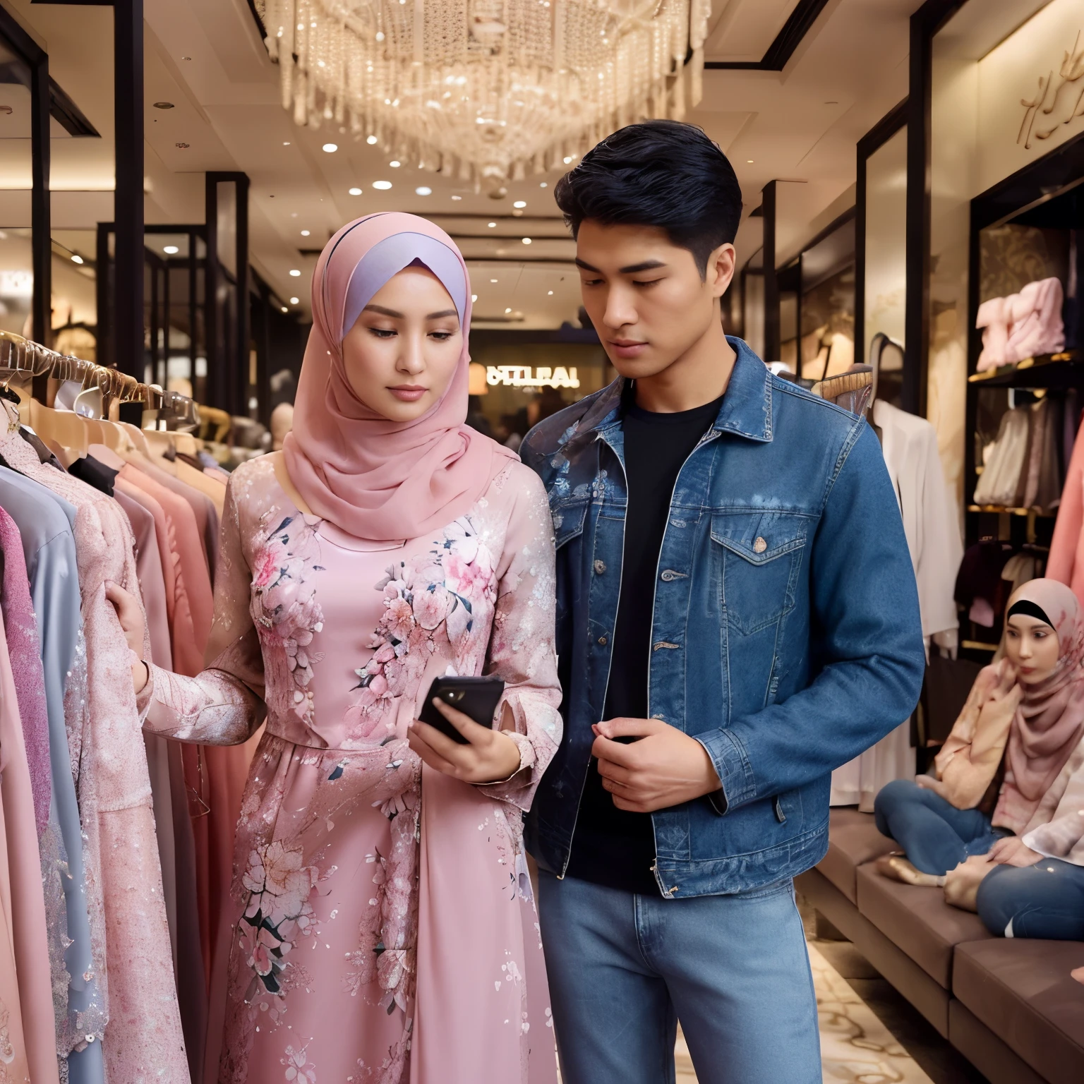 a beautiful hijab woman with a floral patterned dress and pearl accents is choosing a dress from a display rack, beside her there is a handsome Asian man who accompanies her with short black hair, wearing a blue jeans jacket and blue jeans, while holding a cell phone, in the background behind in a clothing shop in a luxury mall and lots of Islamic clothes