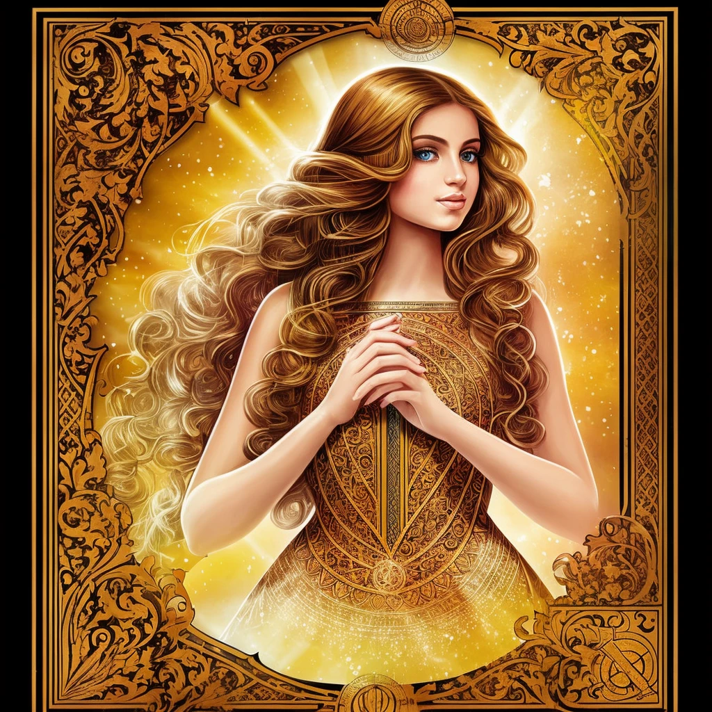 A girl with long flowing hair is holding a set of beautifully illustrated Tarot cards. She is dressed in exotic and mysterious attire, with a flowing gown adorned with intricate patterns and symbols. The cards in her hands are detailed and vibrant, with each one depicting a different Tarot archetype.

The medium of the artwork is a combination of traditional painting techniques and digital illustration. The colors are rich and vivid, emphasizing the mystical and enigmatic nature of the Tarot cards. The artwork is created with the highest quality and attention to detail, showcasing the intricate lines and textures of the cards.

The scene is set in a dimly lit room, with soft candlelight casting a warm glow on the girl and the cards. The atmosphere is mysterious and magical, with a touch of mysticism in the air. The girl's face is bathed in soft light, highlighting her beautiful detailed eyes and lips.

The cards themselves are filled with symbolism and hidden meanings, each carefully hand-drawn and colored to represent the different aspects of the Tarot. The illustrations are intricate and detailed, with a mix of traditional and modern styles, creating a unique and captivating visual experience.

The overall color palette of the artwork is rich and vibrant, with deep shades of red, purple, and gold. The colors evoke a sense of mystery and intrigue, adding to the allure of the Tarot cards.

The lighting in the scene is carefully crafted to enhance the mood and atmosphere of the artwork. Soft, diffused light casts beautiful shadows on the girl's face and the cards, creating depth and dimension. The interplay of light and shadow adds to the overall mystical and ethereal feel of the artwork.

In summary, the prompt for the Stable Diffusion model is: "A girl with long flowing hair holding a set of beautifully illustrated Tarot cards. The medium is a combination of traditional painting techniques and digital illustration. The artwork has the best quality, with ultra-detai