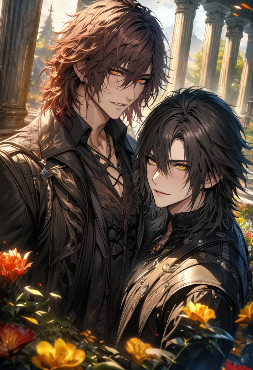 absurdres, highres, ultra detailed, HDR), masterpiece, best quality, vibrant golden eyes, Requiem, black spiky short hair, no bang, Ardyn Izunia, red medium messy hair, hair between the eyes, vibrant golden eyes, Final fantasy xv, 2men together, gay, handsome, pillars, flowers, trees
