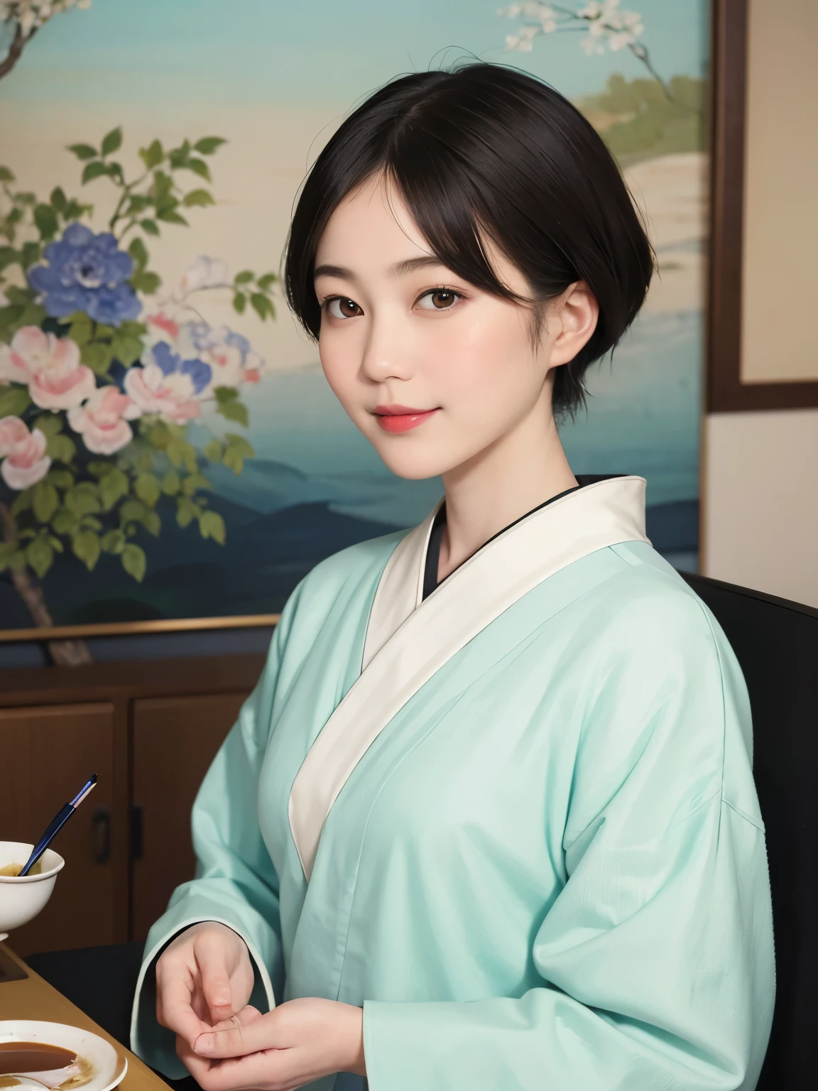 197 (snapdd00-Fp16), Japanese painting, woman, gentle smile, lipstick, short hair, Paintings by Shoen Uemura
