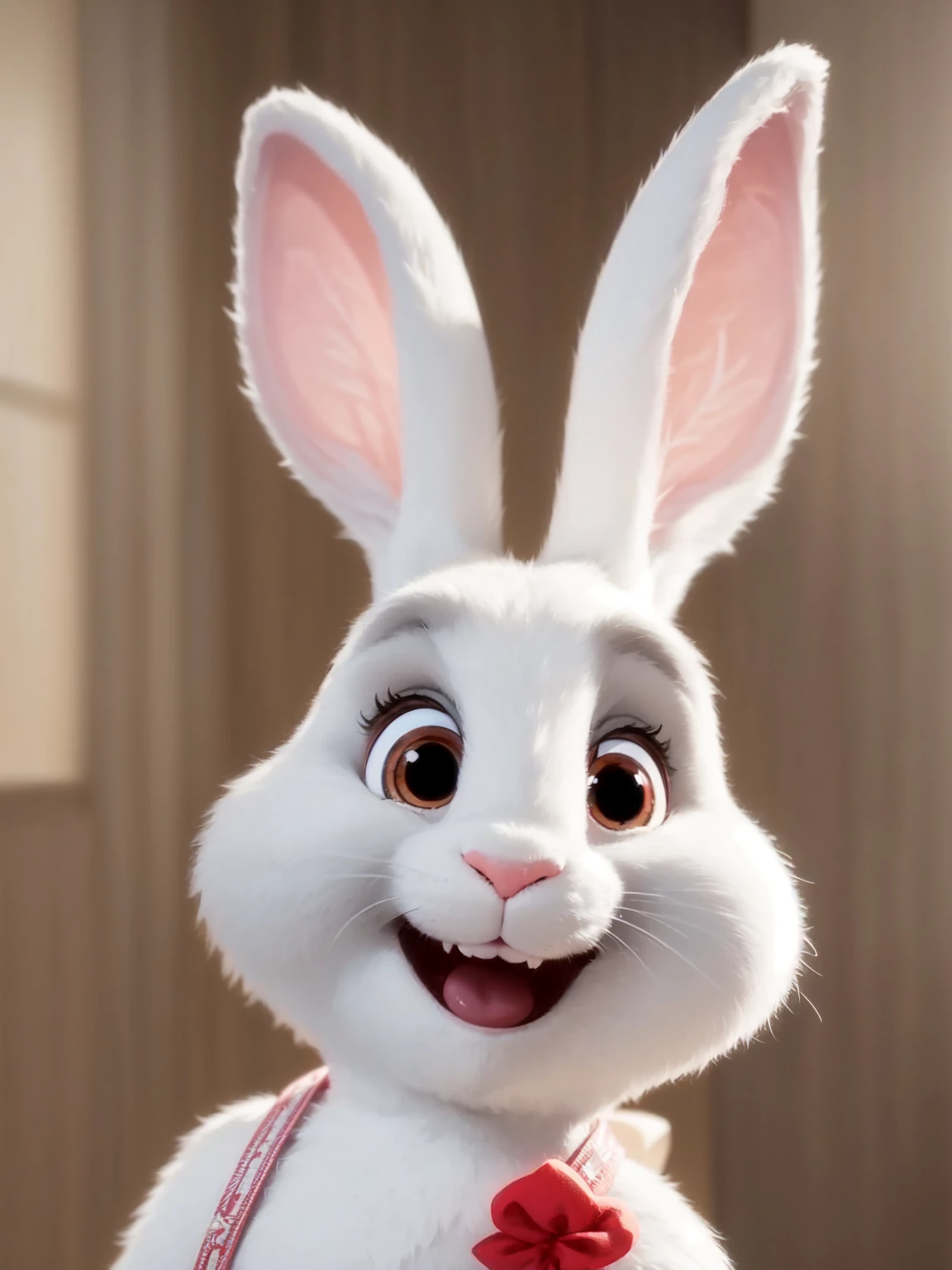 一只戴着领结和背带的rabbit的特写,Ultra-clear,HD,Aperture f22, Judy Hopps from zootopia, Judy Hopps, a portrait of Judy Hopps, mob_Features, cute anthropomorphic rabbit, Cartoon, bugs rabbit, portrait of a bugs rabbit, 拟人化rabbit, Zootopia style, rabbit, rabbit face only, cartoon,3D style, Cute full length white rabbit,There is a big, Smile brightly,Upper teeth clearly visible, big blue eyes, big ear,Red maple bat dog wearing chrome buttons, On a completely white background, sharp focus, original photography, dramatic lighting, full body portrait, permanent,