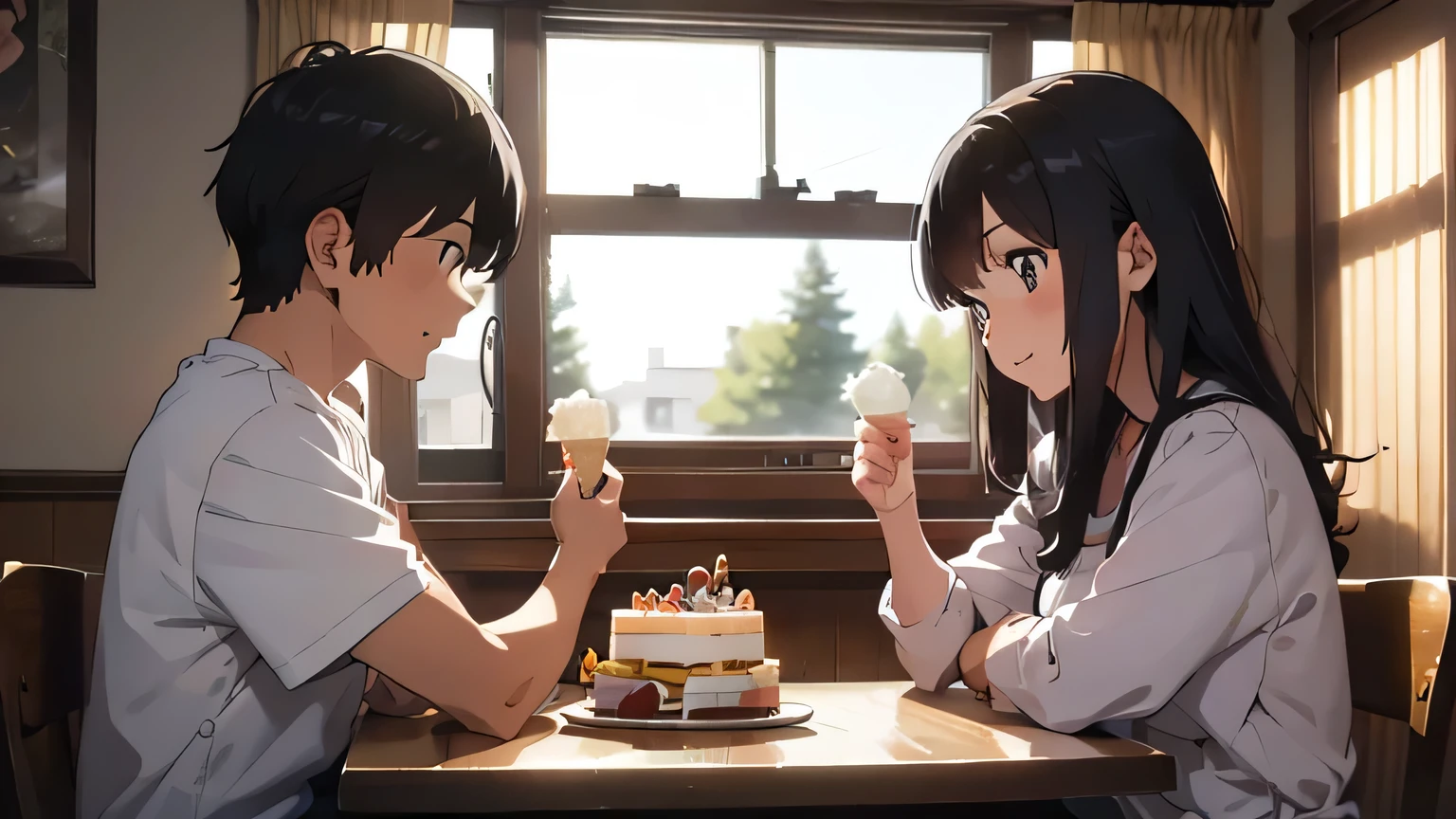A 30 year old father and a 30 year old mother are sitting at a table、A 0 is sitting between them.、There is a cake with three candles on the table.、father and mother look at the girl and smile、night、the room is dark、candle light、There are many birthday decorations in the room.、Make everyone's faces beautiful、in anime style