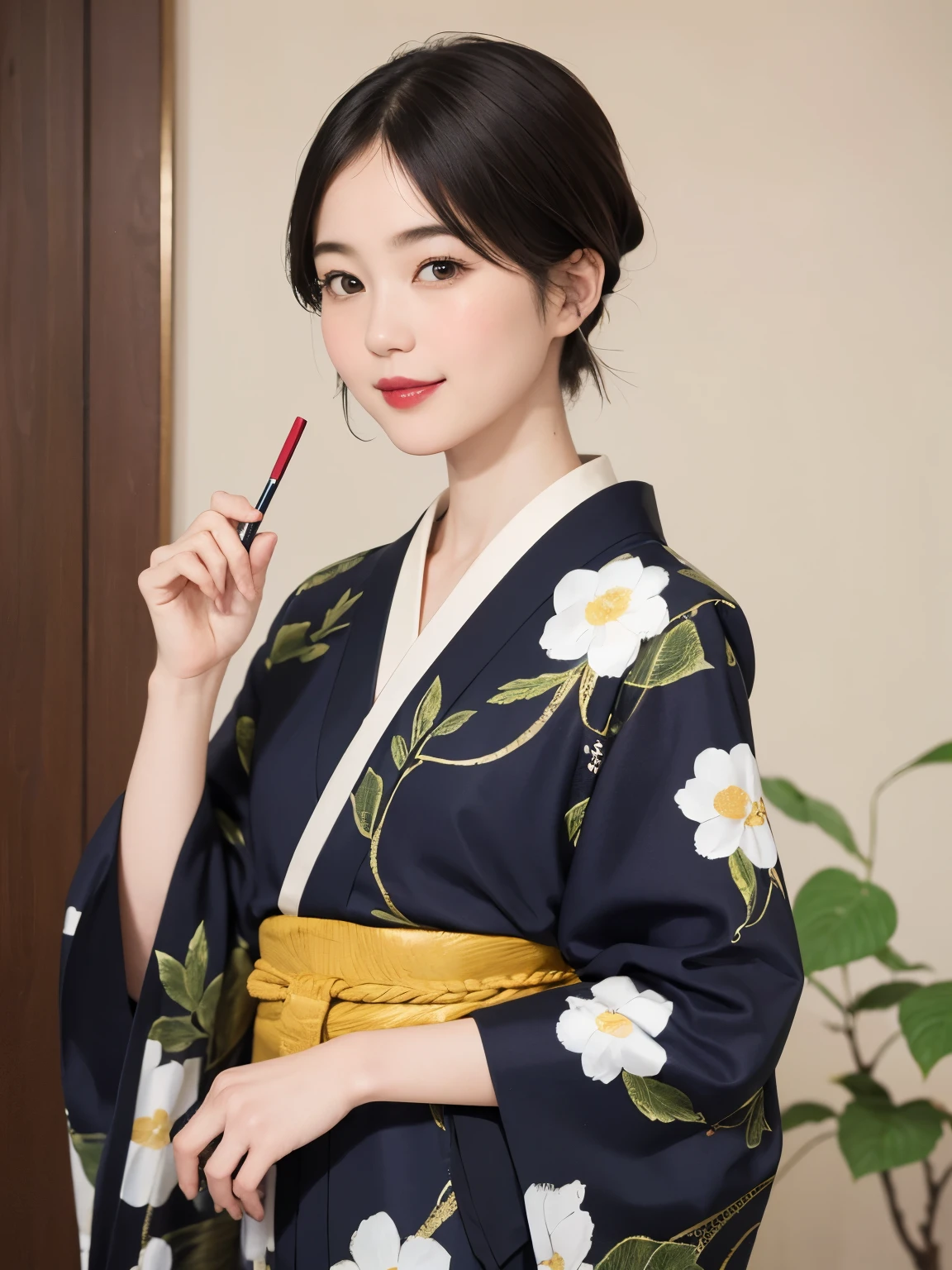 197 (snapdd00-Fp16), Japanese painting, woman, gentle smile, lipstick, short hair, Paintings by Shoen Uemura