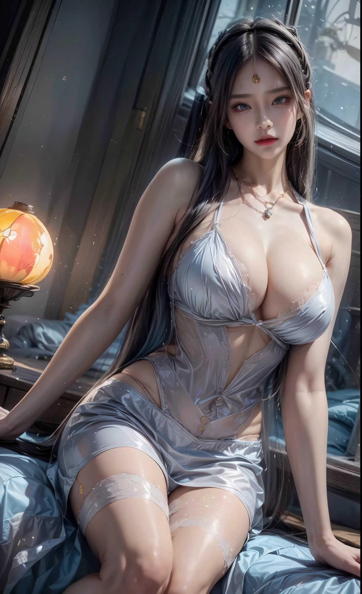 realistic, 1 women, best quality, 12k, HD, long hair, big round breasts, cleavage, ponytail, necklace, jewelry, shorts, short jacket, slim hips, hair tie, yellow eyes, black hair, super detailed, Eye details, hair details, person details, mouth details, face details, breast details, clothes details, hair details, pants details, hand details, whole body