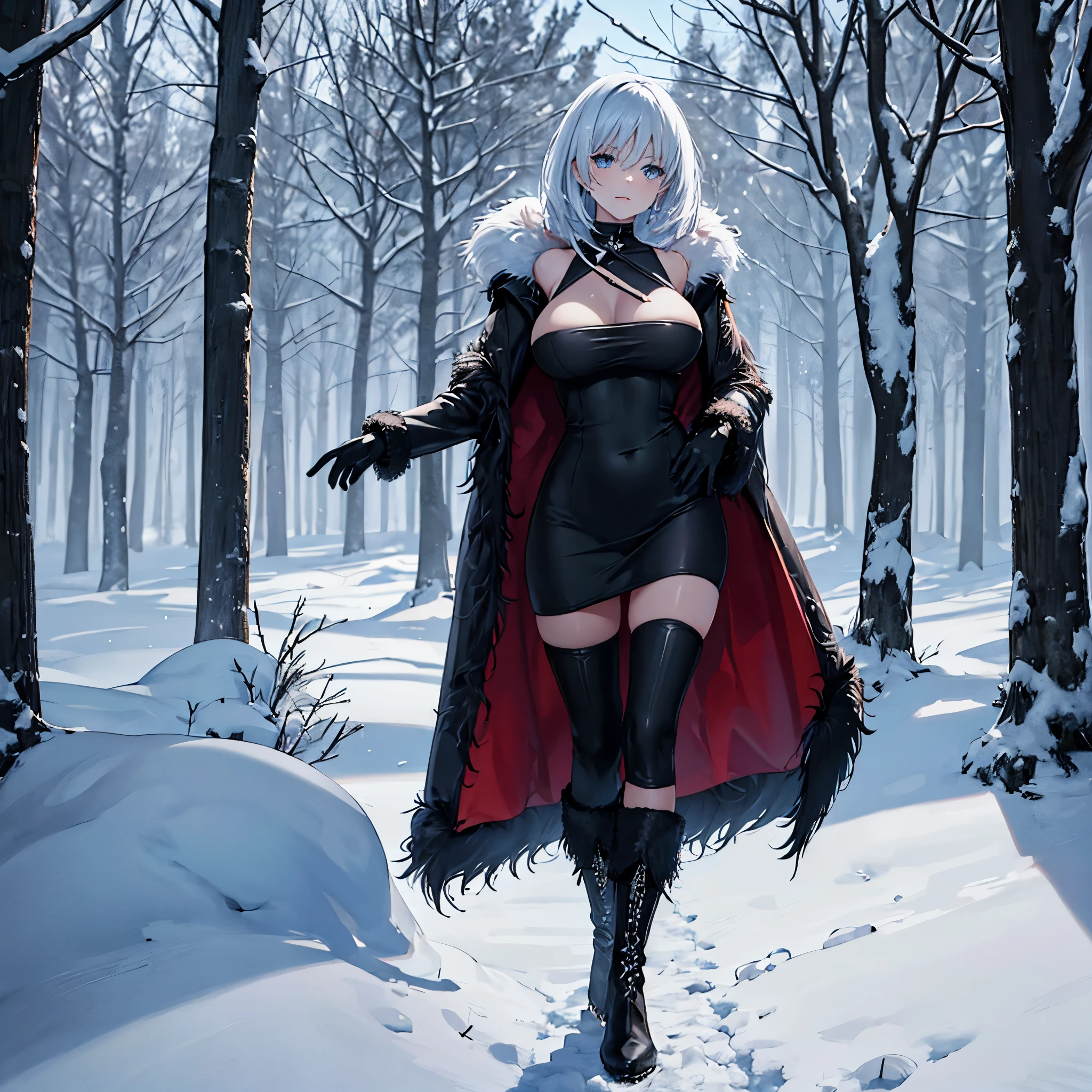 A woman wearing black fur coat, white tight dress, short white hair, gothic boots, faint blue eyes, outside a big house in winter, snow-filled place, snow-covered trees, big breasts, no duplicating people, solo,very detailed, masterpiece, high quality, ultra resolution, 4k hd
