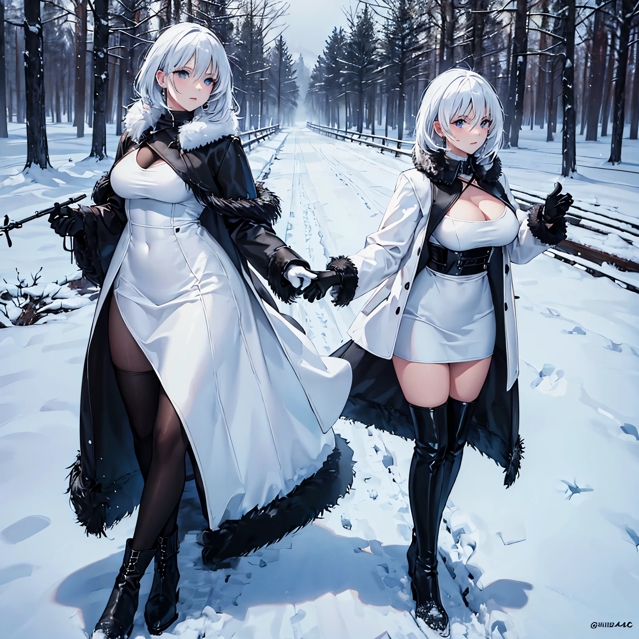 A woman wearing black fur coat, white tight dress, short white hair, gothic boots, faint blue eyes, outside a big house in winter, snow-filled place, snow-covered trees, big breasts, no duplicating people, solo,very detailed, masterpiece, high quality, ultra resolution, 4k hd