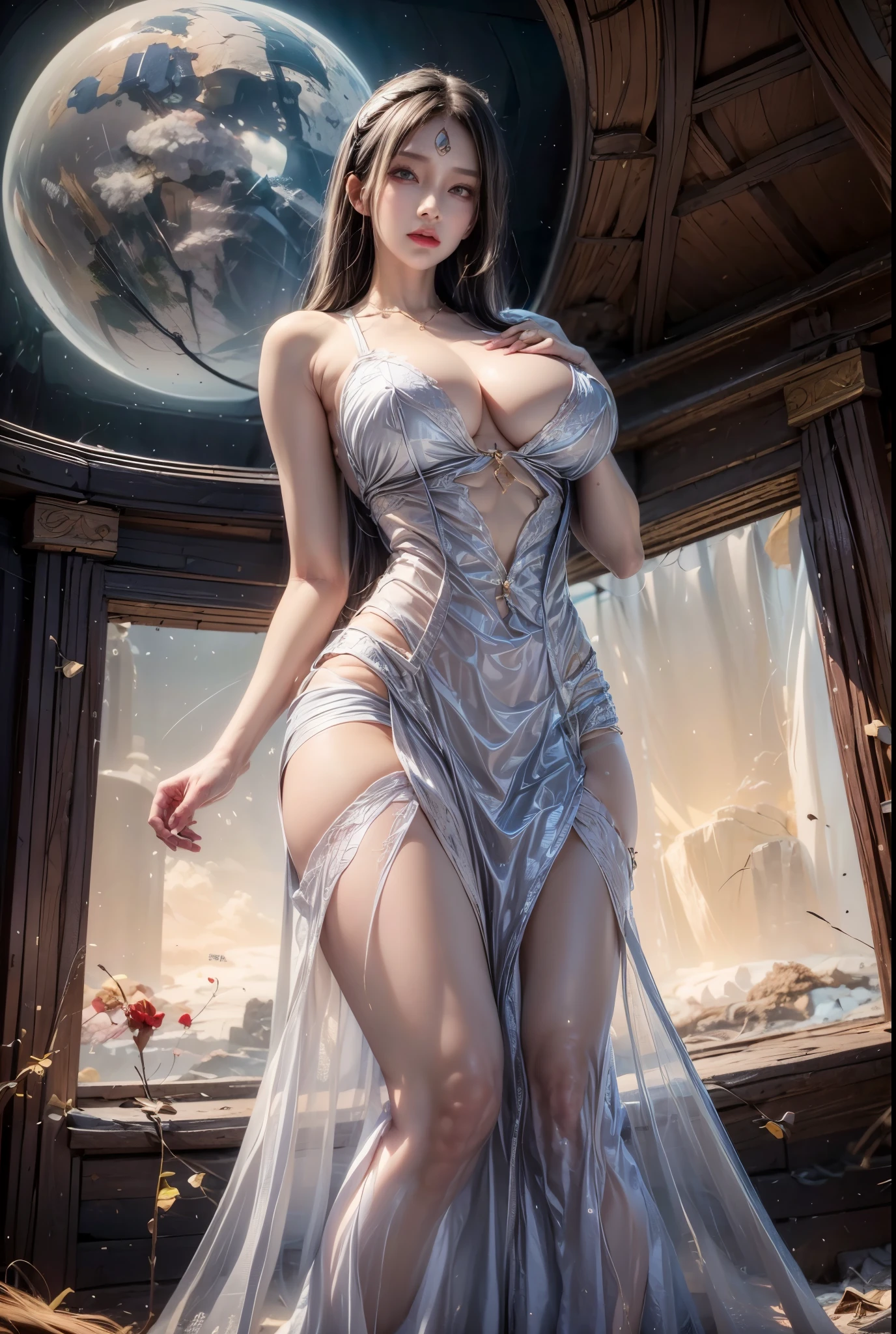 realistic, 1 women, best quality, 12k, HD, long hair, big round breasts, cleavage, ponytail, necklace, jewelry, shorts, short jacket, slim hips, hair tie, yellow eyes, black hair, super detailed, Eye details, hair details, person details, mouth details, face details, breast details, clothes details, hair details, pants details, hand details, whole body