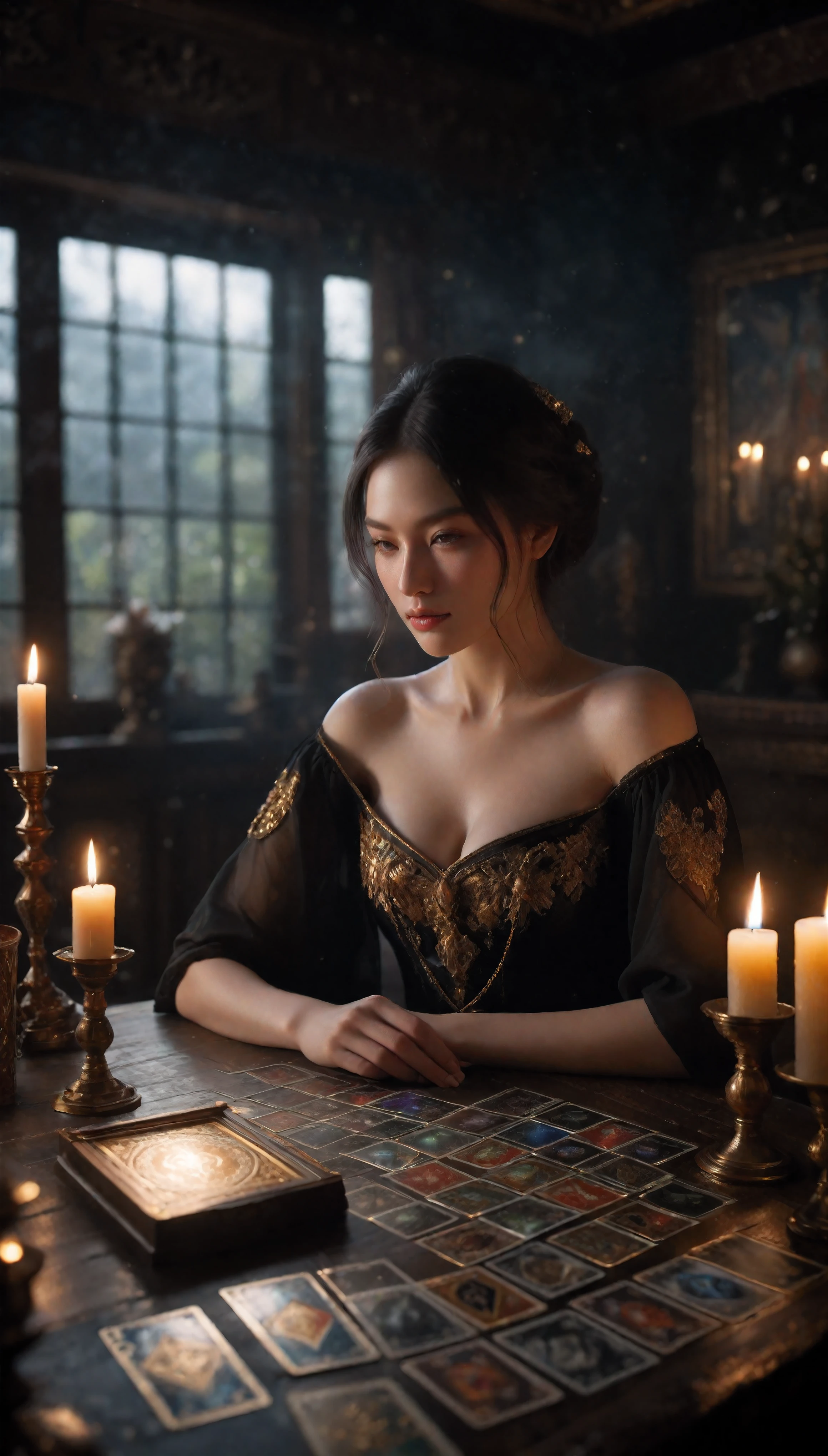 ((Masterpiece in maximum 16K resolution):1.6),((soft_color_photograpy:)1.5), ((Ultra-Detailed):1.4),((Movie-like still images and dynamic angles):1.3). | (Macro shot cinematic photo of Tarot Cards at Tarot table), (Fortune teller reading Tarot card), (Fortune teller room), (macro lens), (Fortune teller ornaments), (Dark Candles), (luminous object), (Mysterious atmosphere), (shimmer), (aesthetic DnD vase), (visual experience),(Realism), (Realistic),award-winning graphics, dark shot, film grain, extremely detailed, Digital Art, rtx, Unreal Engine, scene concept anti glare effect, All captured with sharp focus. | Rendered in ultra-high definition with UHD and retina quality, this masterpiece ensures anatomical correctness and textured skin with super detail. With a focus on high quality and accuracy, this award-winning portrayal captures every nuance in stunning 16k resolution, immersing viewers in its lifelike depiction. | ((perfect_composition, perfect_design, perfect_layout, perfect_detail, ultra_detailed)), ((enhance_all, fix_everything)), More Detail, Enhance.