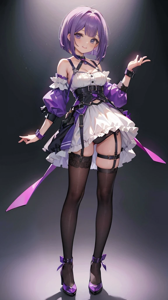 purple hair,girl,1 person,medium bob hair,Harness,garter belt,pants,Heel,simple background,smile,whole body,full body,standing position,Standing picture,VTuber,front,How to look at the viewer,視線をfrontに,