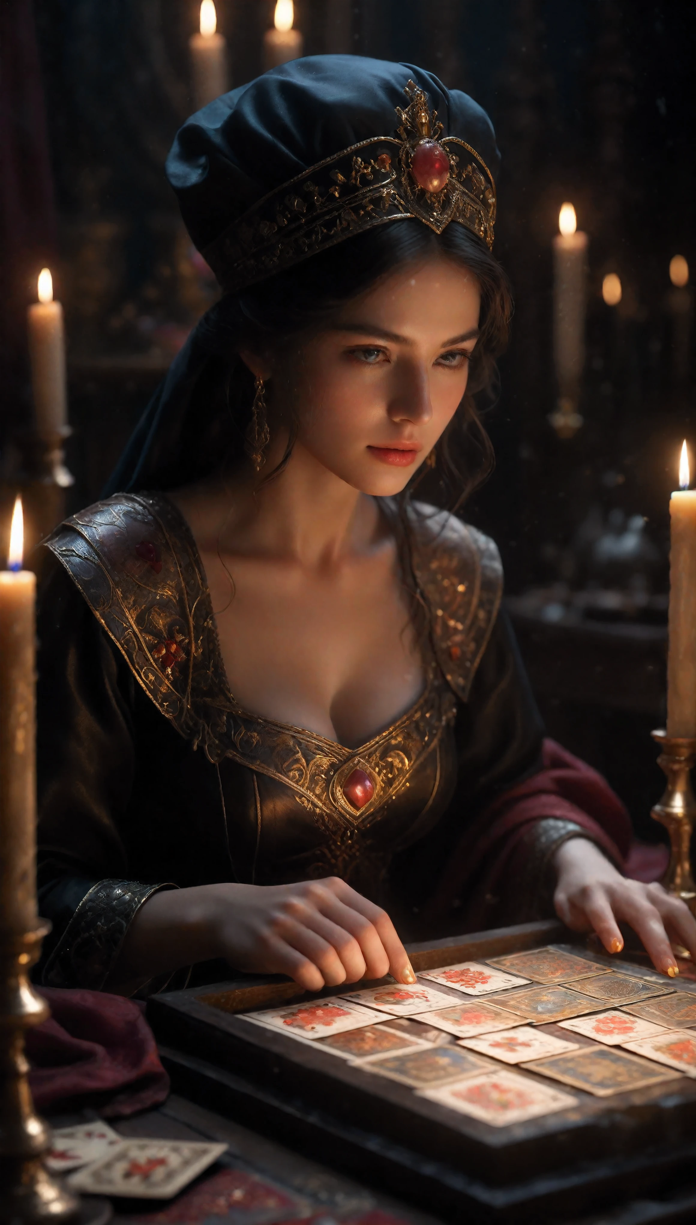 ((Masterpiece in maximum 16K resolution):1.6),((soft_color_photograpy:)1.5), ((Ultra-Detailed):1.4),((Movie-like still images and dynamic angles):1.3). | (Macro shot cinematic photo of Tarot Cards at Tarot table), (Fortune teller reading Tarot card), (Fortune teller room), (macro lens), (Fortune teller ornaments), (Dark Candles), (luminous object), (Mysterious atmosphere), (shimmer), (aesthetic DnD vase), (visual experience),(Realism), (Realistic),award-winning graphics, dark shot, film grain, extremely detailed, Digital Art, rtx, Unreal Engine, scene concept anti glare effect, All captured with sharp focus. | Rendered in ultra-high definition with UHD and retina quality, this masterpiece ensures anatomical correctness and textured skin with super detail. With a focus on high quality and accuracy, this award-winning portrayal captures every nuance in stunning 16k resolution, immersing viewers in its lifelike depiction. | ((perfect_composition, perfect_design, perfect_layout, perfect_detail, ultra_detailed)), ((enhance_all, fix_everything)), More Detail, Enhance.