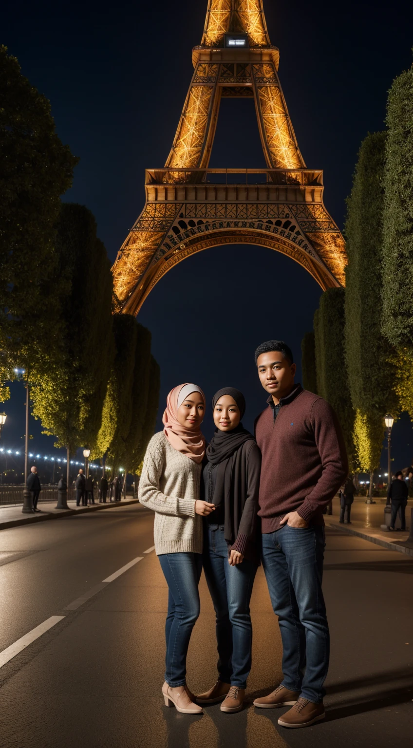 Masterpiece, upper, very detailed, real photos, couple indonesian woman wearing hijab and indonesian man wearing a sweater and jeans, standing facing the camera under the Eiffel Tower at night , 32K ultraHD resolution, HDR, 800mm lens, realistic , hyperrealistic, photography, professional photography, deep photography, ultra HD, very high quality, best quality, mid quality, HDR photo, focus photo, deep focus, very detailed, original photo, original photo, ultra sharp, nature photo, masterpiece, award winning, shot with hasselblad x2d