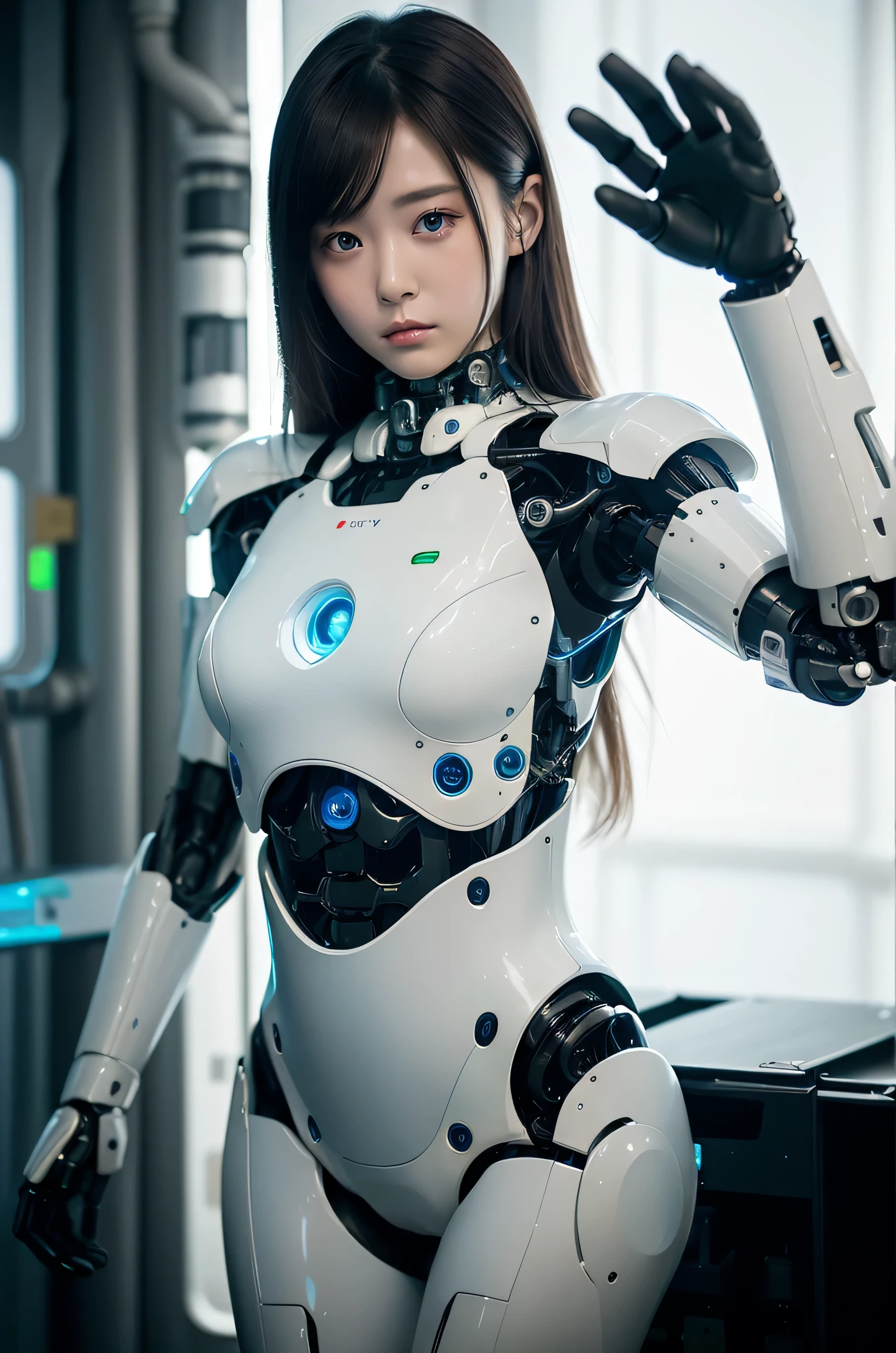 masterpiece, Best Quality, Extremely detailed, 8K Portrait,Japanese android girl,Plump ,control panels,android,Droid,Mechanical Hand, ,Robot arms and legs, Black hair,Mechanical body,Blunt bangs,White Robotics Parts,perfect robot woman,Charging spot,She is charging now,ceramic body ,Mechanical body, mechanical ear covers,android,robot humanoid,pantiy,Perfect machine body,White robot body,The laboratory of the future,android factory,mechanical ear covers,White and light blue uniform,light blue accent costume,darkblack tights,green eyes