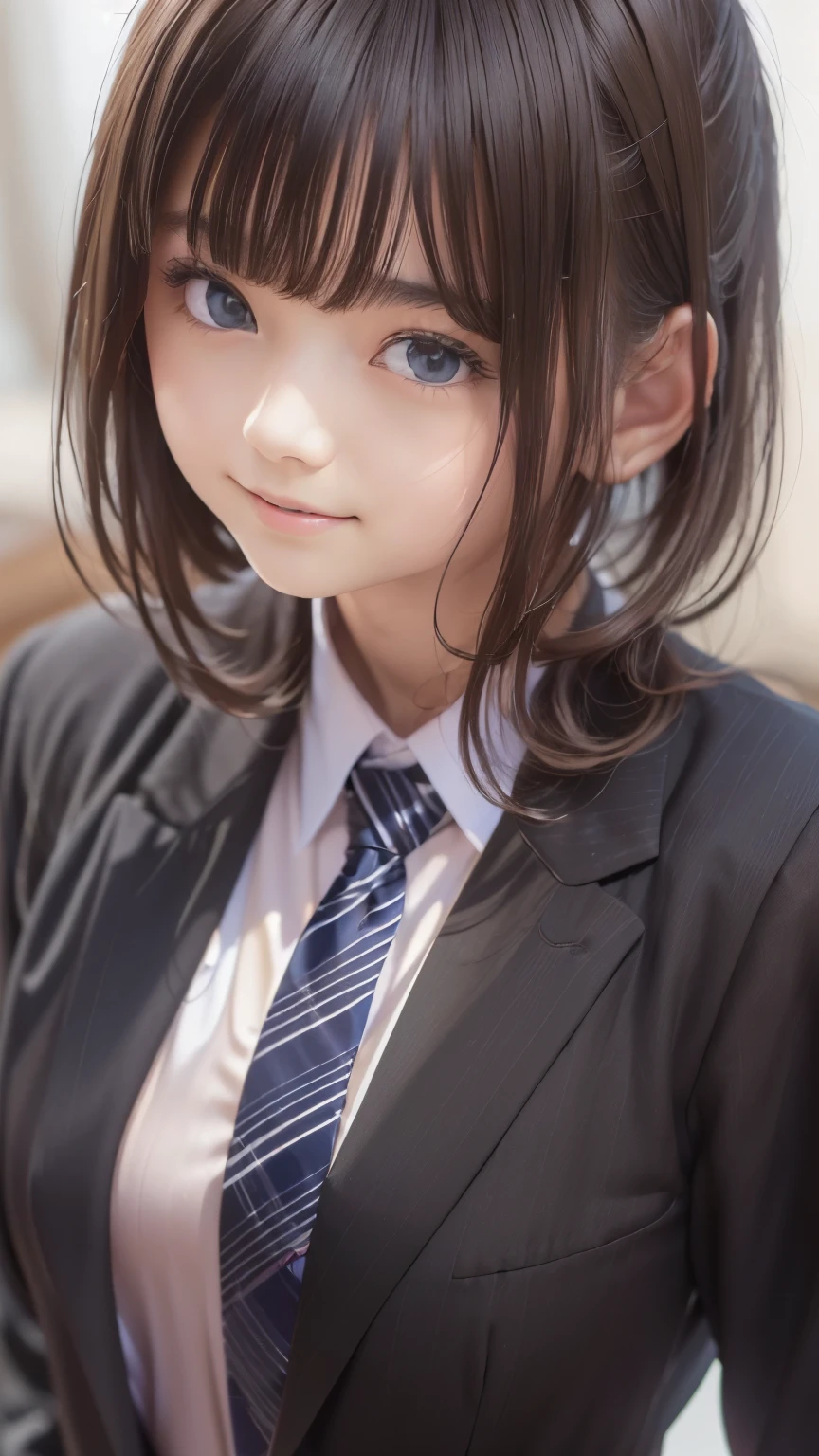 ((sfw: 1.4)), ((detailed face, professional photography)), ((sfw, office lady, suit, extra short hair, sidelocks-hair, 1 Girl)), Ultra High Resolution, (Realistic: 1.4), RAW Photo, Best Quality, (Photorealistic Stick), Focus, Soft Light, ((15 years old)), ((Japanese)), (( (young face))), (surface), (depth of field), masterpiece, (realistic), woman, bangs, ((1 girl))