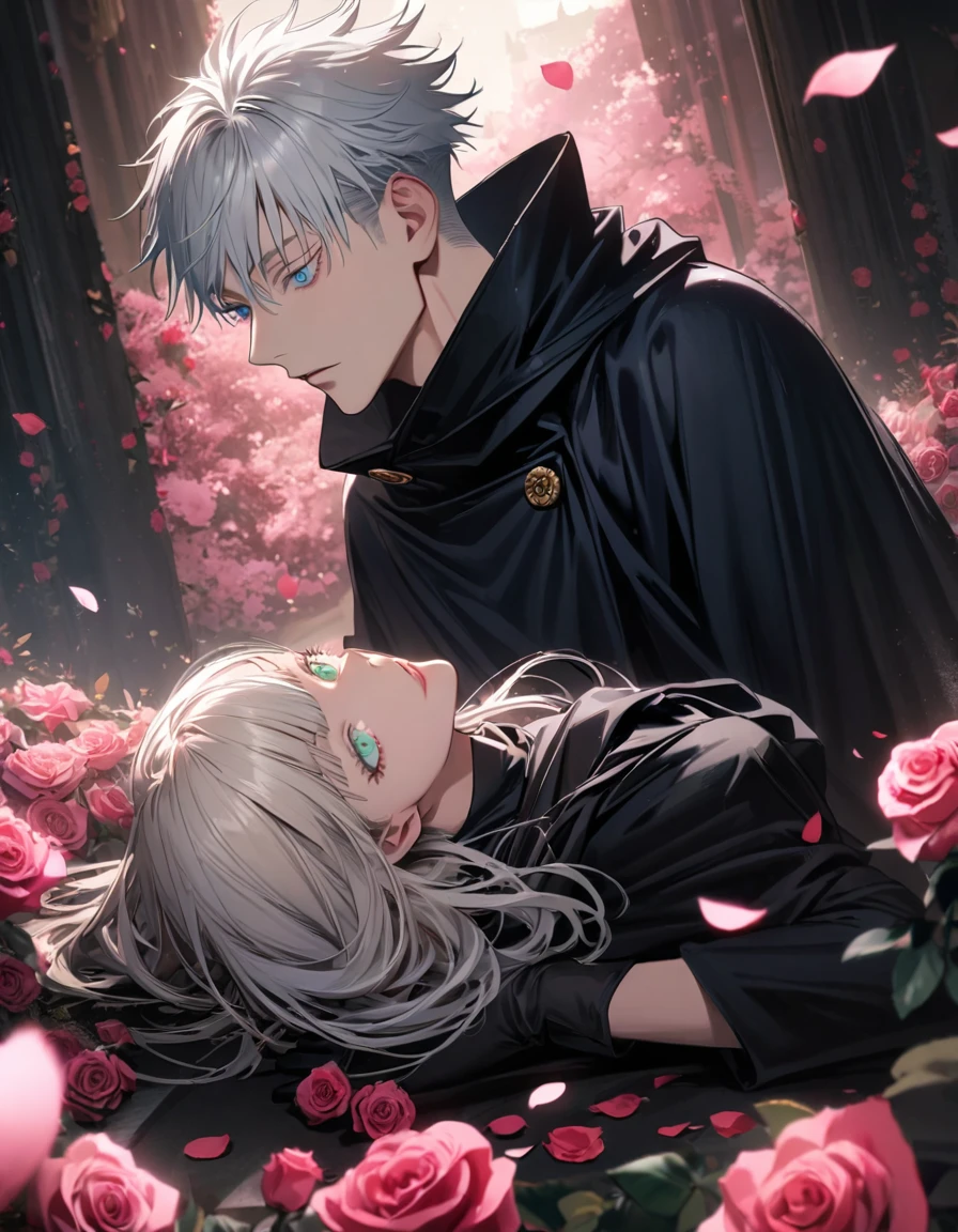 4k, very detailed, hd, Aida, ash blonde hair with bangs, green eyes, Gojou Satoru, blue eyes, white hair with bangs, white eyelashes, Jujutsu Kaisen, handsome, black ribbon on her hair, 1 woman with 1 man as a couple, black cape, black gloves, petals and roses, pink forest
