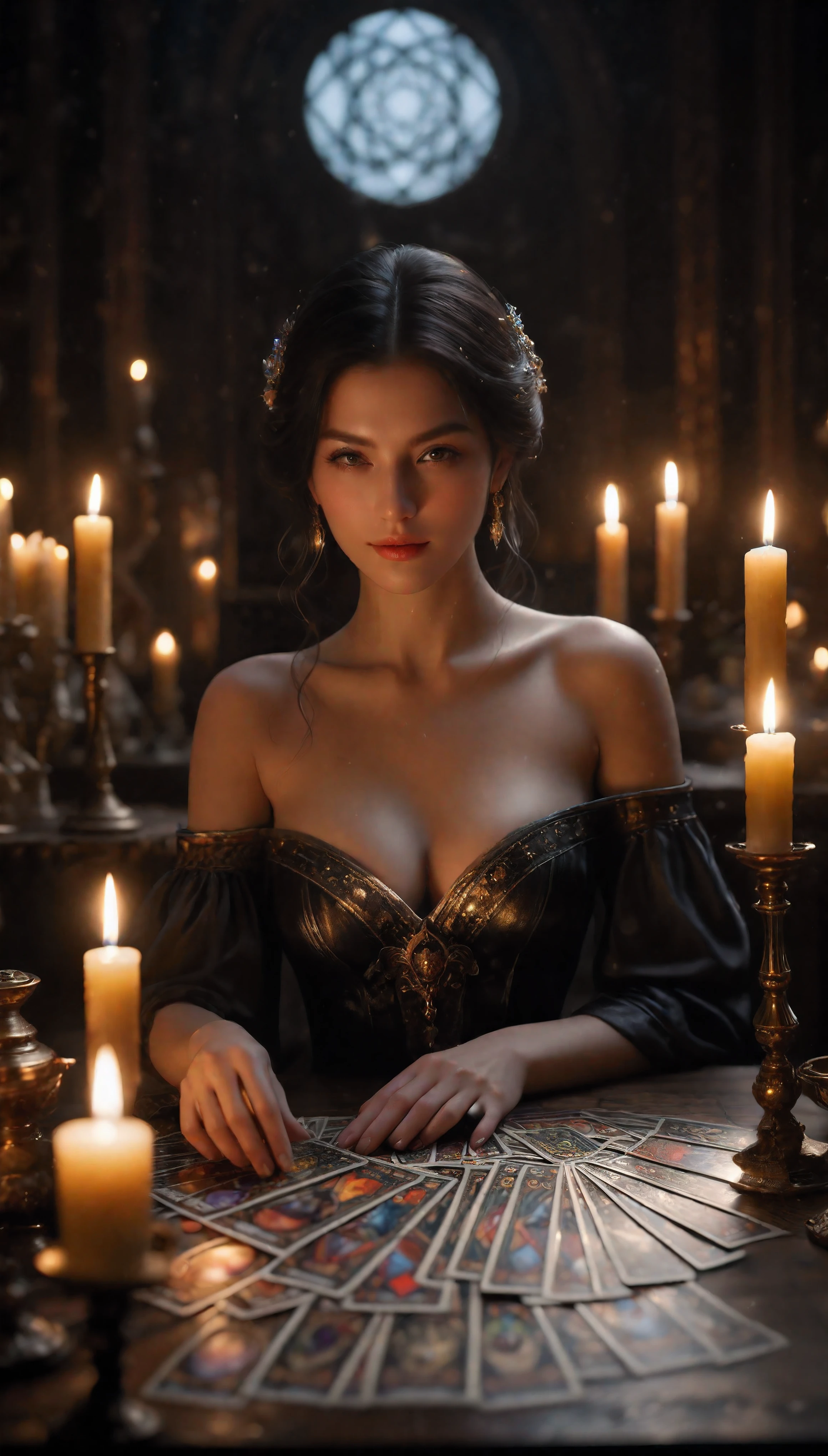 ((Masterpiece in maximum 16K resolution):1.6),((soft_color_photograpy:)1.5), ((Ultra-Detailed):1.4),((Movie-like still images and dynamic angles):1.3). | (Macro shot cinematic photo of Tarot Cards at Tarot table), (Fortune teller reading Tarot card), (Fortune teller room), (focus on tarot cards), (macro lens), (Fortune teller ornaments), (Dark Candles), (luminous object), (Mysterious atmosphere), (shimmer), (aesthetic DnD vase), (visual experience),(Realism), (Realistic),award-winning graphics, dark shot, film grain, extremely detailed, Digital Art, rtx, Unreal Engine, scene concept anti glare effect, All captured with sharp focus. | Rendered in ultra-high definition with UHD and retina quality, this masterpiece ensures anatomical correctness and textured skin with super detail. With a focus on high quality and accuracy, this award-winning portrayal captures every nuance in stunning 16k resolution, immersing viewers in its lifelike depiction. | ((perfect_composition, perfect_design, perfect_layout, perfect_detail, ultra_detailed)), ((enhance_all, fix_everything)), More Detail, Enhance.