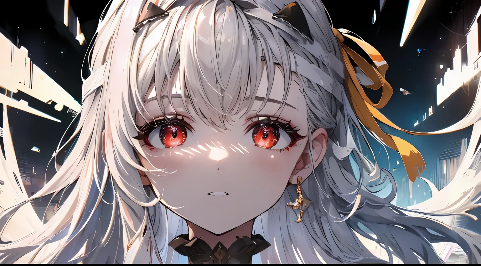 ((((Obra maestra, La mejor calidad, ultrahigh resolution)))), 1girl, standing, (cute maid costume), ((long silver hair, silver hair over eye)), long hair cut, pale skin, ((red eyes)), glowing_eyes, neon eyes, (ultra detailed eyes:0.7, beautiful and detailed face, detailed eyes:0.9), ((centered)), smile, ((wide shot)), facing viewer, ((vibrant background, bright lighting, summer, sunlight)), flat chested, looking at viewer, ((half closed eyes)), ((perfect hands)), (((head:1, arms, hips in view, elbows, arms, legs, in view))), ((hands behind back)), empty eyes, beautiful lighting, ((outside, outdoors)), defined subject, head tilt, (((gritty)), ((creepy)), ((cool)), ((beautiful)), (((SFW)))