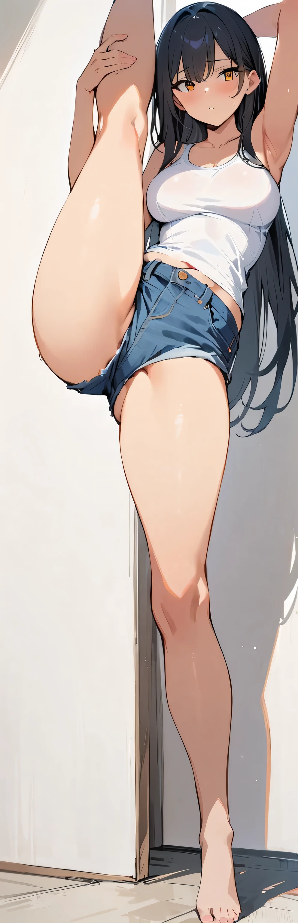 (masterpiece, best quality:1.2), 1girl, solo,standing_split, 
long hair, White sleeveless tank top，blue denim shorts