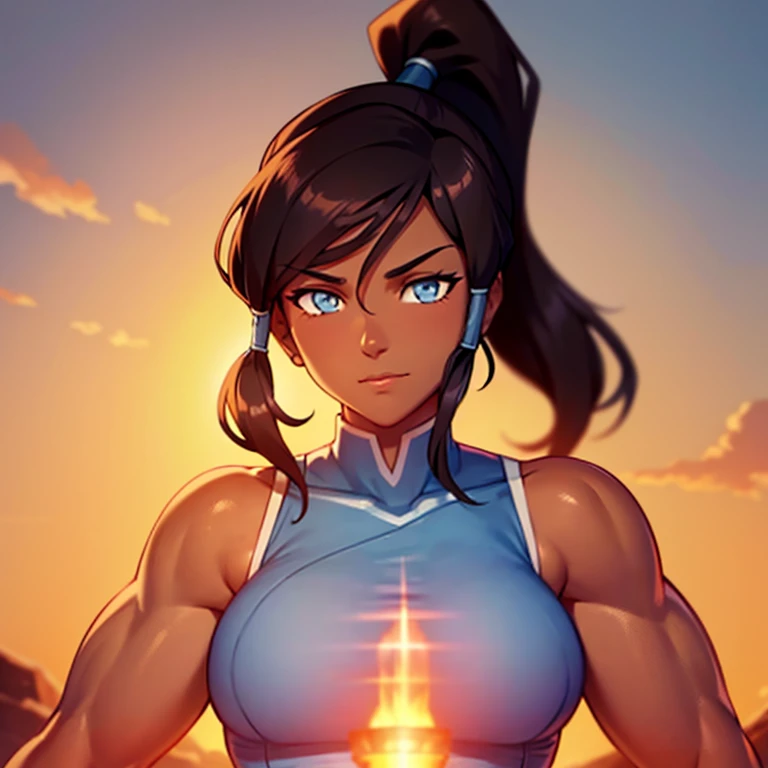 korra, dark skin, dark-skinned female, ponytail, muscular female, high quality, detailed, high resolution, sun set background.
