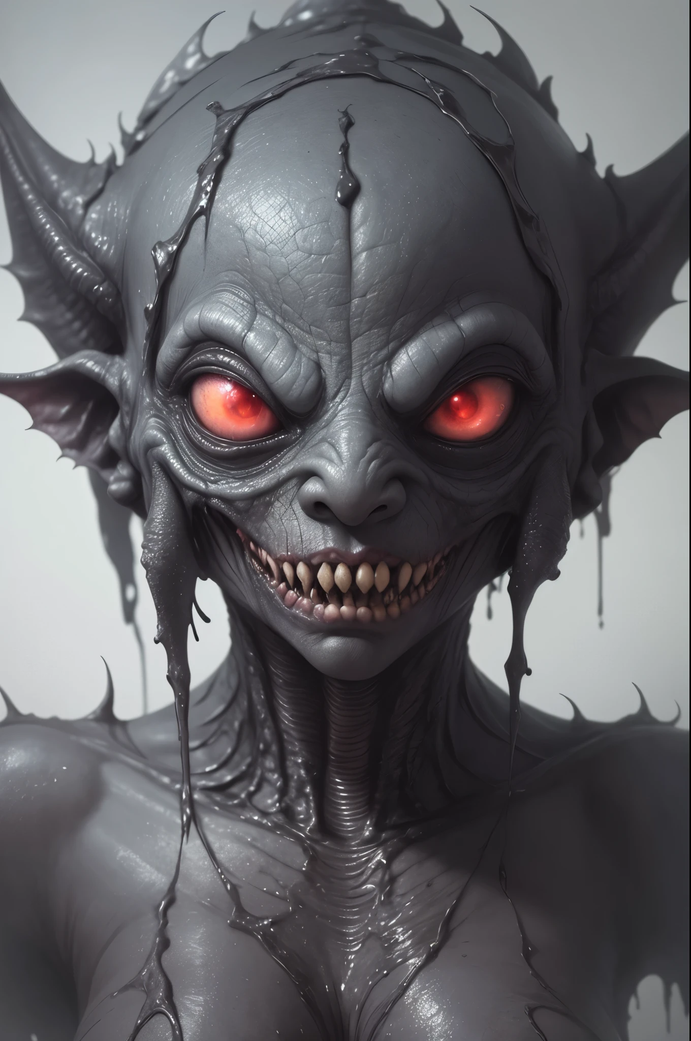 A highly textured, gooey and putrid realistic alien girl monster. scary and psychotic, we see his frightening lair behind