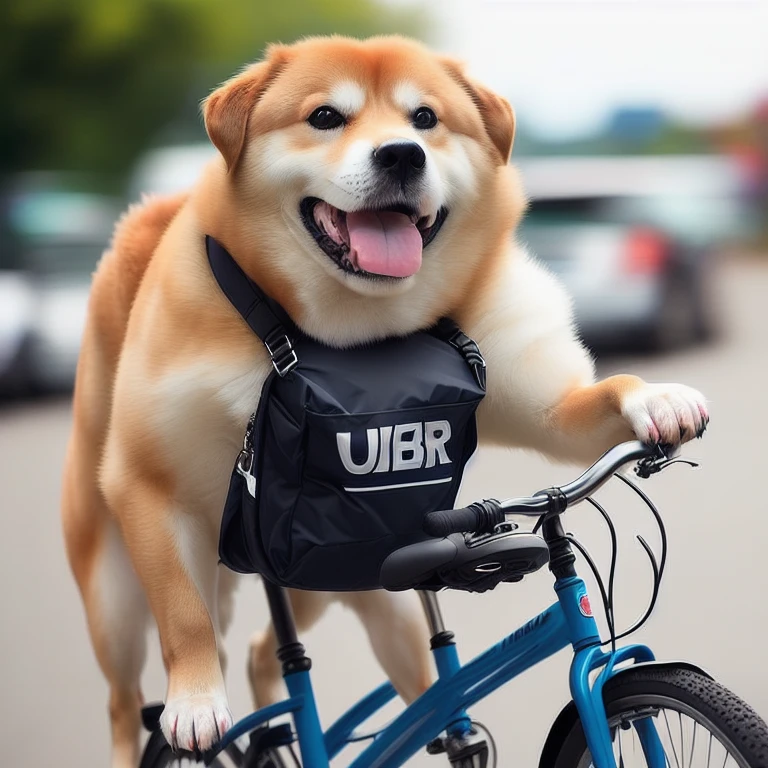 professional photos [(((buffswoldage))):buffswoldage:8], grin, dog&#39;s body, Deliver for Uber Eats, riding a bicycle,dramatic light like a movie, smooth transition, Bokeh