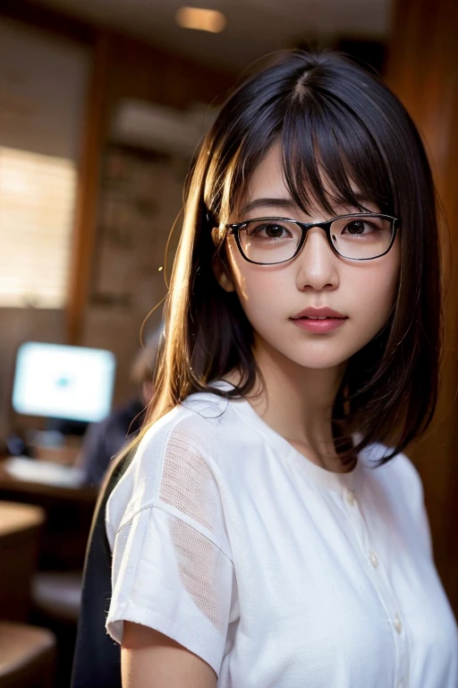 (8K、RAW photo、highest quality、masterpiece:1.2)、(realistic、Photoreal:1.37)、super detailed、超A high resolution、1 girl、see the beholder、beautiful and detailed face、laughter、narrow、(slim waist) :1.3)、shirt beautiful skin、skin texture、floating hair、professional lighting、cram school、Glasses、human body as a whole、brown hair、horizontal screen